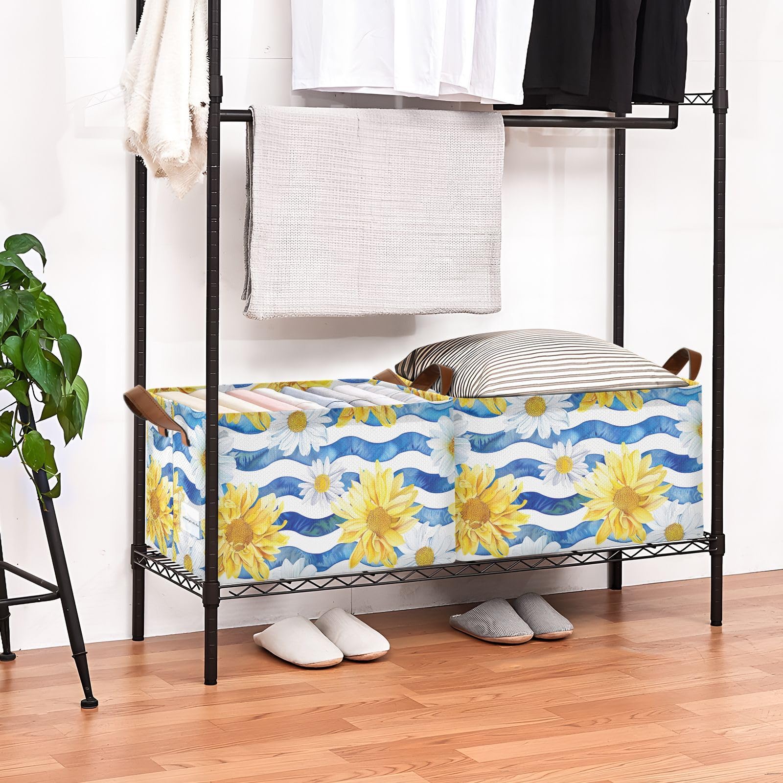 Foldable Storage Bins with Handles - 2 Pack Yellow & White Daisy Flower Pattern Shelves Cubes Baskets (16.9