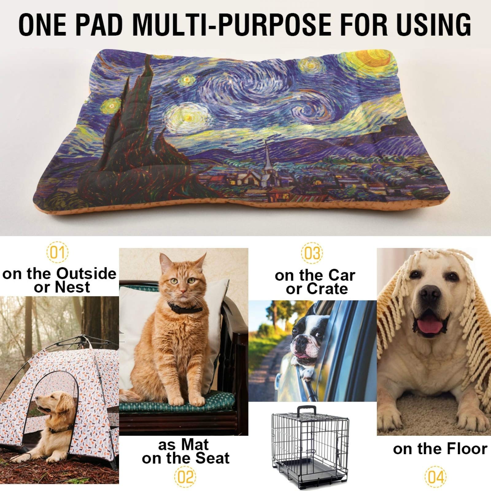 Van Gogh The Starry Night Pet Bed - Ultra Soft Rectangle Dog & Cat Bed for Small Medium Pets (24x18in) | Calming Comfort Bed for Puppies, Kittens | Perfect for Living Room, Bedroom & Pet Travel