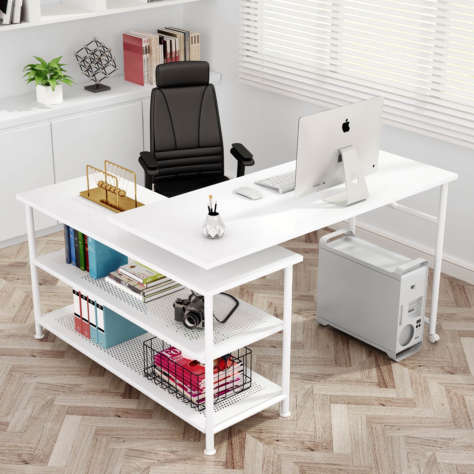 360° Rotating L-Shaped Computer Desk with Storage Shelves - Modern Home Office Workstation for Small Spaces, Gaming & Study