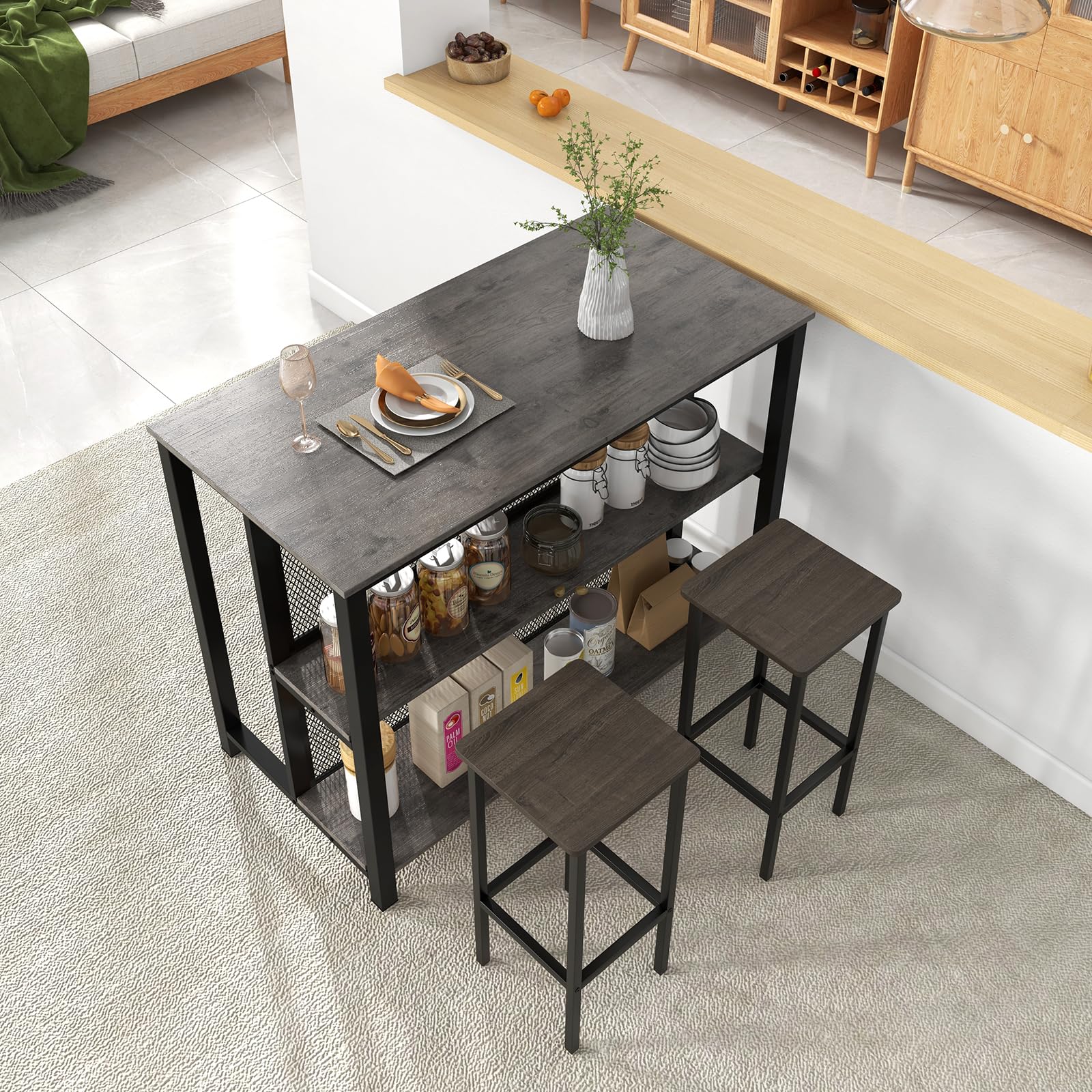 COSTWAY 3-Tier Home Bar Table with Storage Shelves | Metal Frame Bar Cabinet with Adjustable Foot Pads | Kitchen Island, Dining Room & Breakfast Corner Bar Unit (Grey) | Perfect for Small Space Entertaining & Compact Home Bars