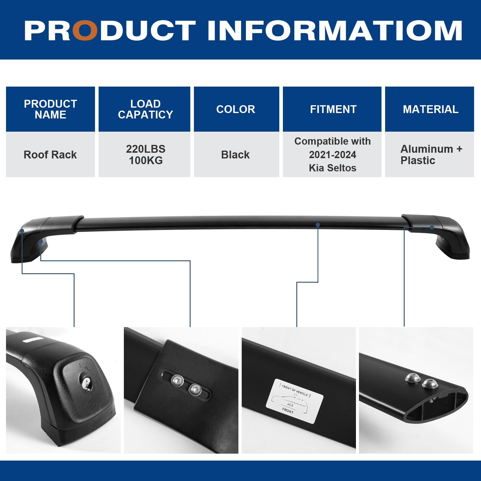 Lockable 220lbs Heavy Duty Aluminum Roof Rack Cross Bars for Kia Seltos 2021-2025 | Black Cargo Carrier for Canoe, Luggage & Outdoor Adventure Gear | Perfect for Road Trips, Camping & Travel Accessories