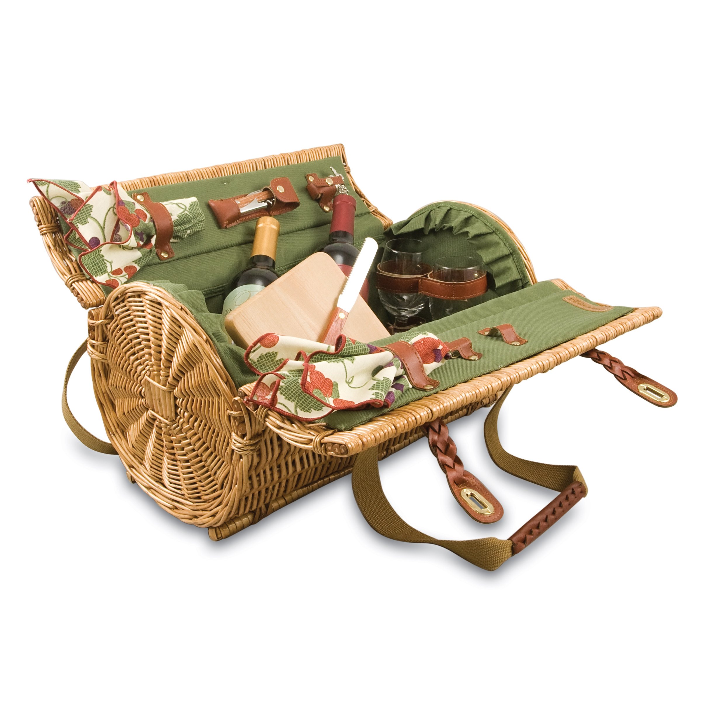 PICNIC TIME Verona Wine & Cheese Picnic Basket - Wicker Wine Tote with Picnic Set - Pine Green 18