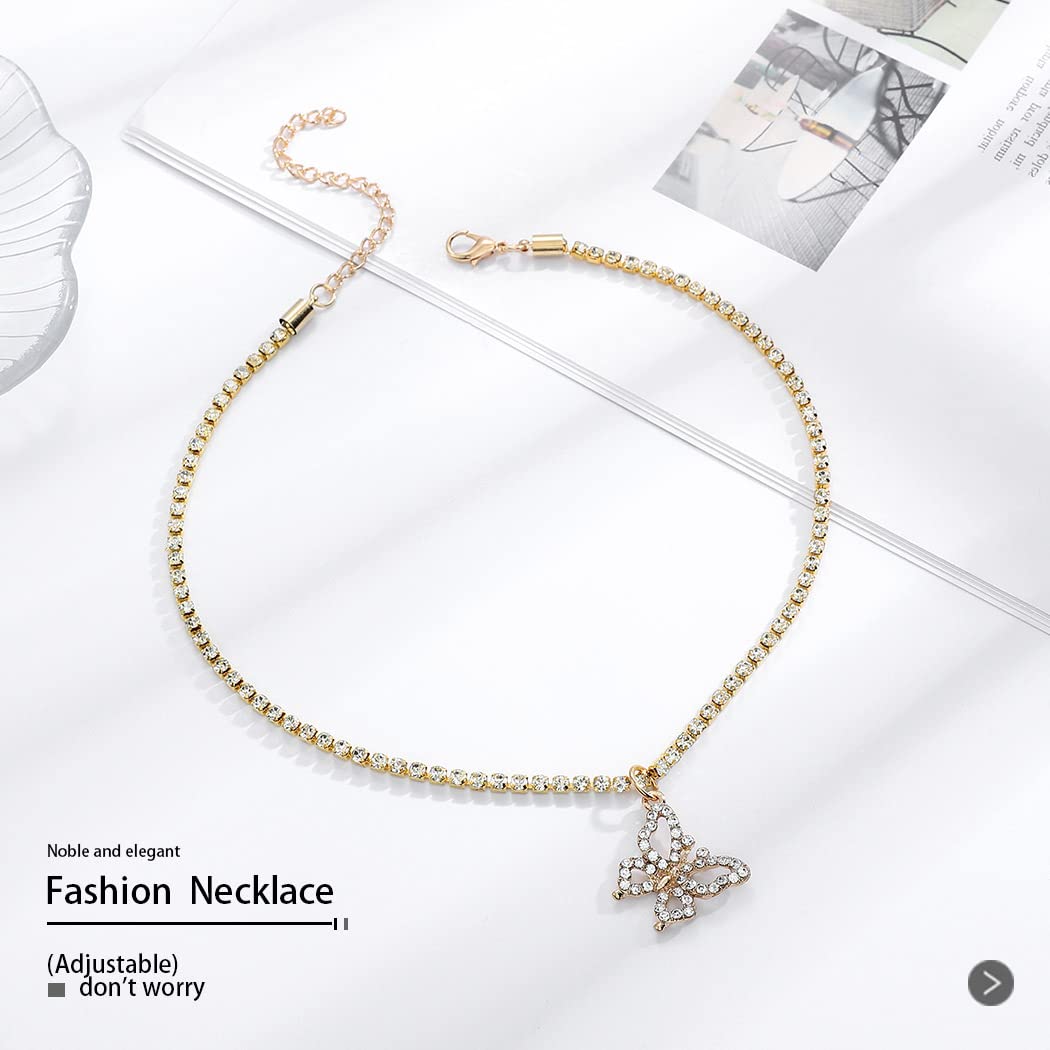 Elegant Gold Crystal Butterfly Pendant Choker Necklace - Sparkly Rhinestone Hip Hop Jewelry for Women & Girls | Perfect for Parties, Clubs, and Everyday Wear