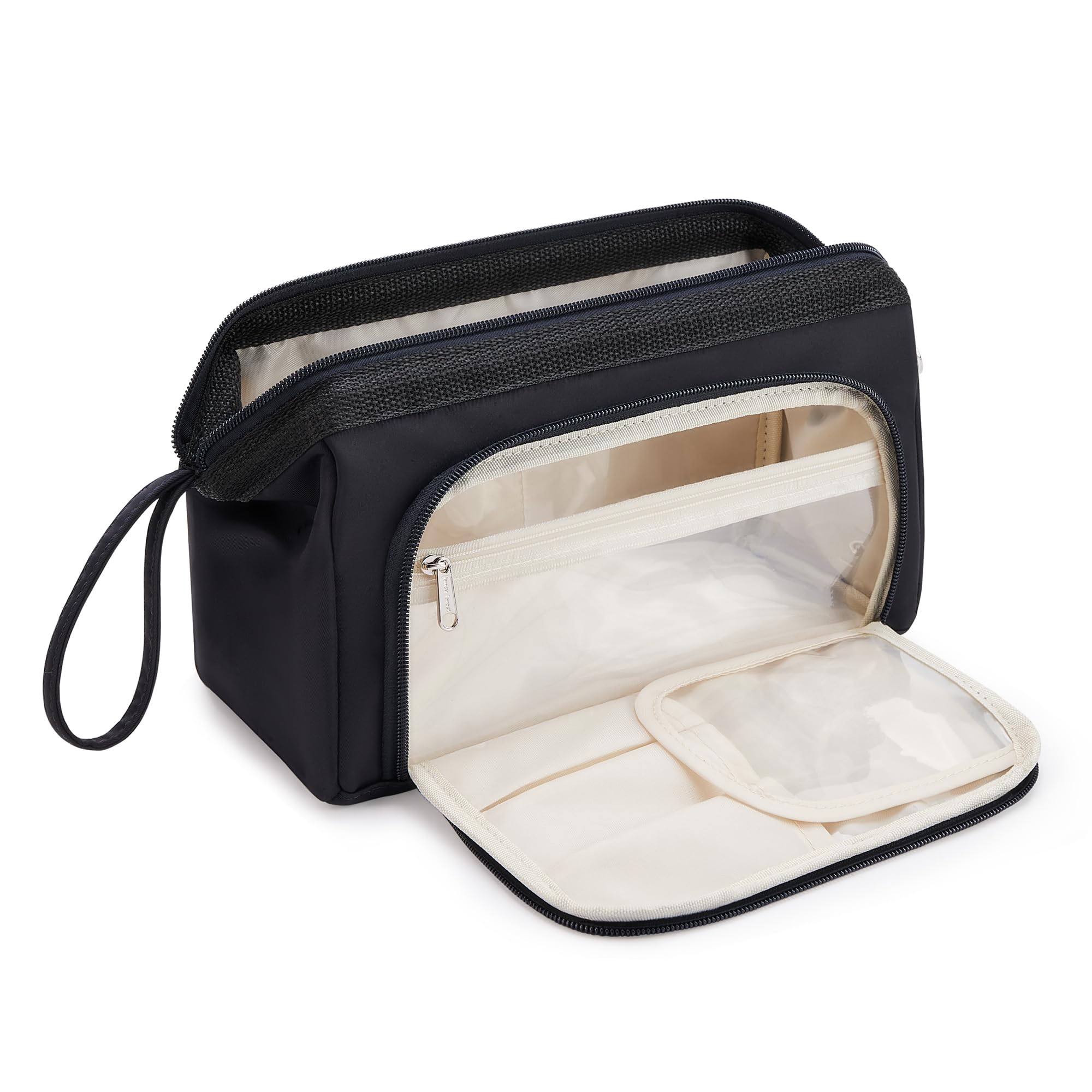 WLLWOO Large Waterproof Toiletry Bag for Men & Women - Travel Cosmetic Organizer with Brush Holder, Nylon Makeup Pouch for Bathroom Essentials | Perfect for Gym, Vacation & Business Trips