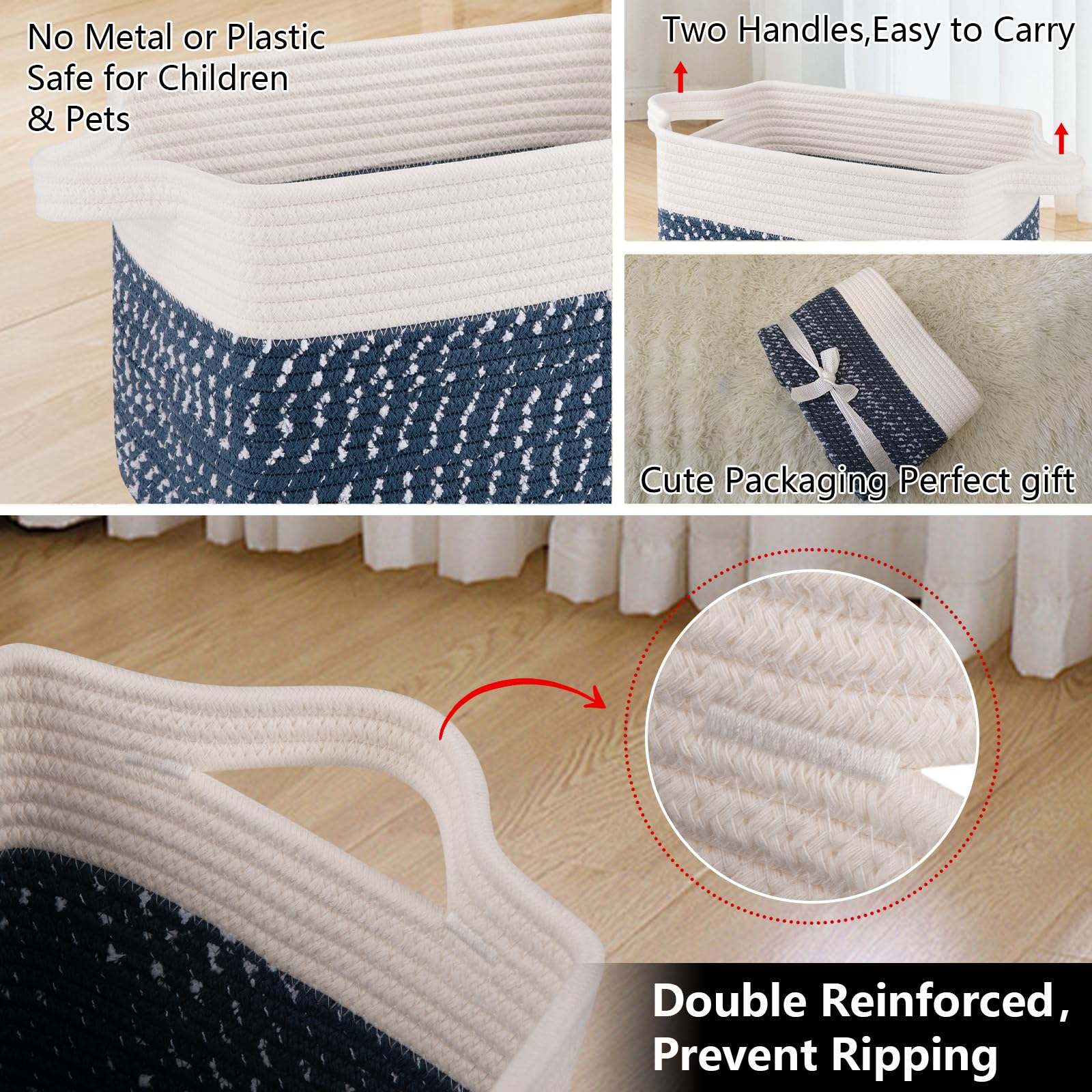 OIAHOMY 3-Pack Woven Cotton Rope Storage Baskets - White & Blue, Organize Toys, Towels & Bathroom Essentials - Perfect for Home, Nursery & Laundry Room Organization