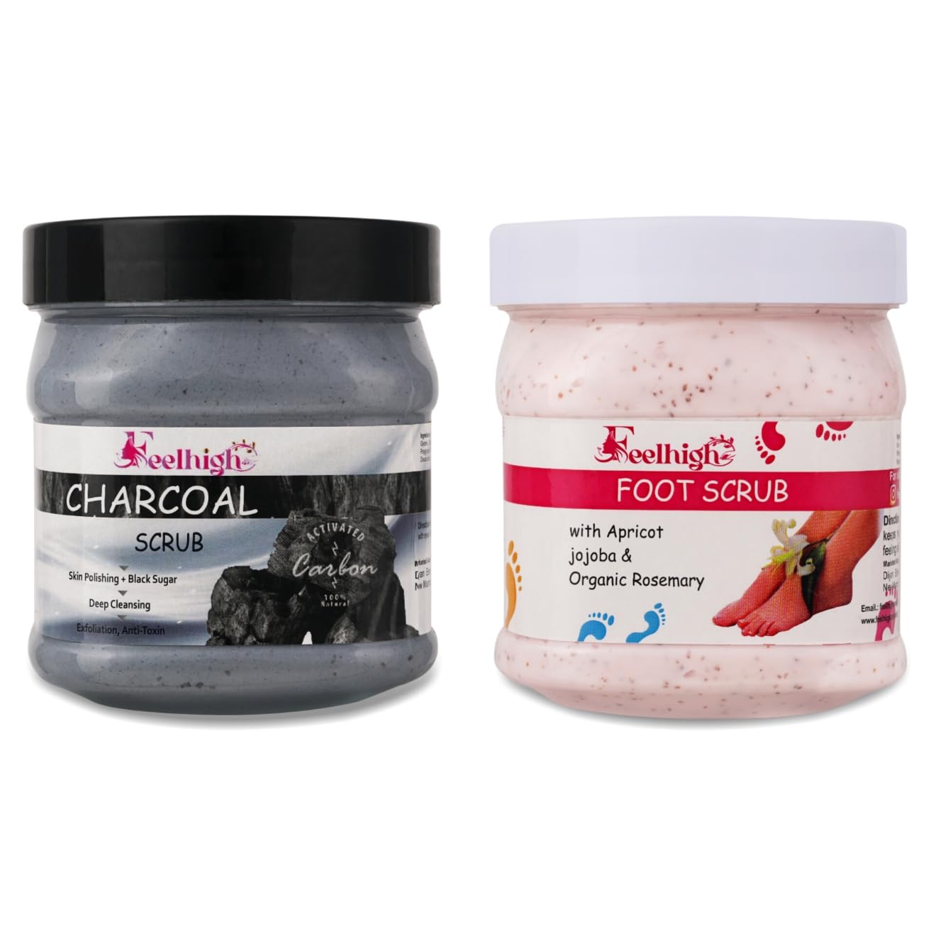 Feelhigh Charcoal Deep Cleansing Face Scrub & Foot Exfoliator for Dead Skin Removal - 500ml Each | Detoxifying Facial Cleanser & Pedicure Foot Care for Smooth Skin at Home