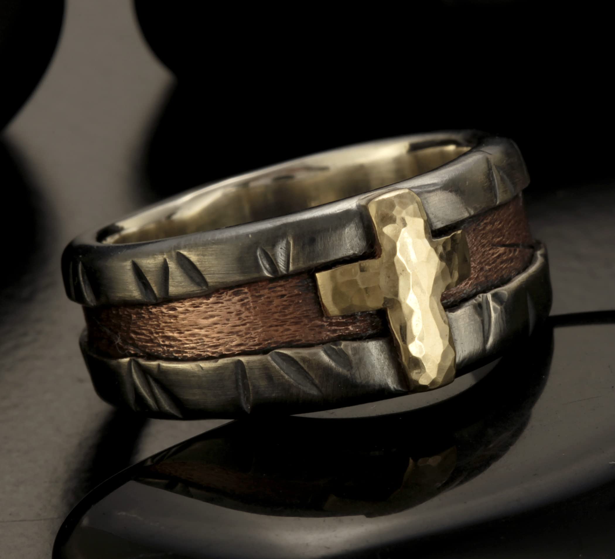 14K Gold Silver & Copper Cross Men's Ring - Unique Wedding Band for Men (RS-1402) | Perfect for Grooms, Anniversaries & Everyday Wear