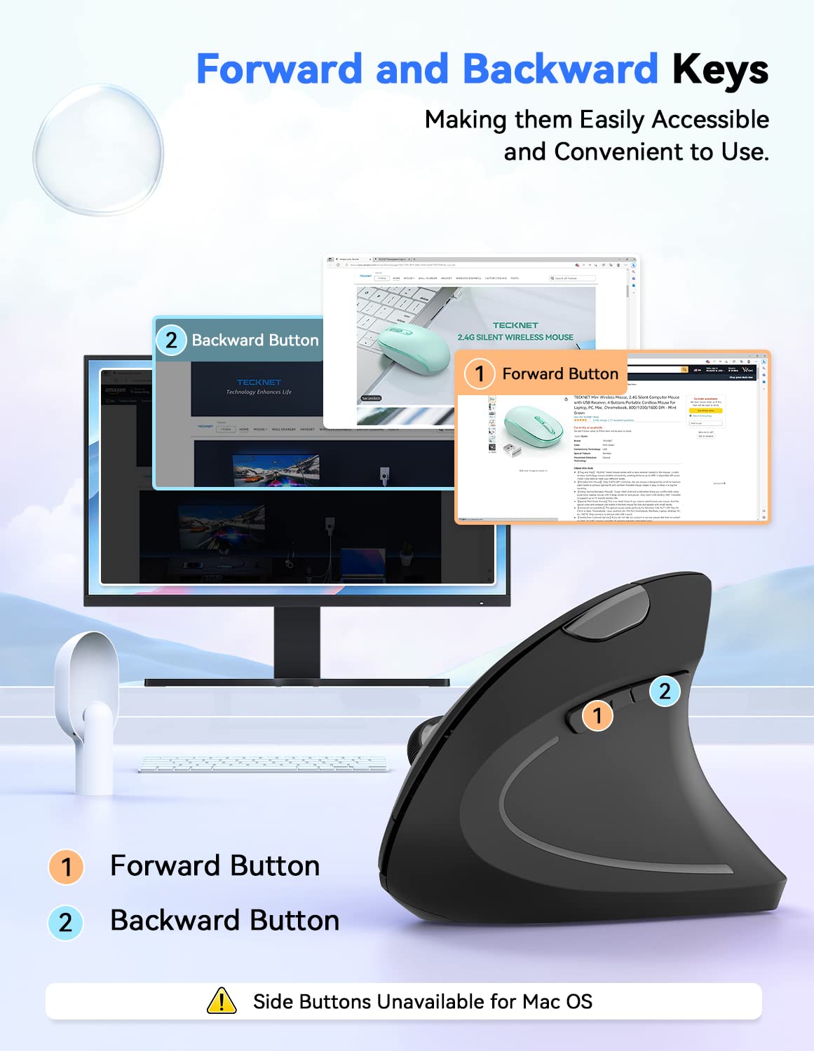 TECKNET Ergonomic Wireless Mouse - 4800 DPI, Silent Click, 5 Adjustable DPI Settings, 2.4G Vertical Mouse with 6 Buttons - Compatible with Windows, Mac, Chromebook, Linux - Perfect for Office Work, Gaming & Long Computer Sessions