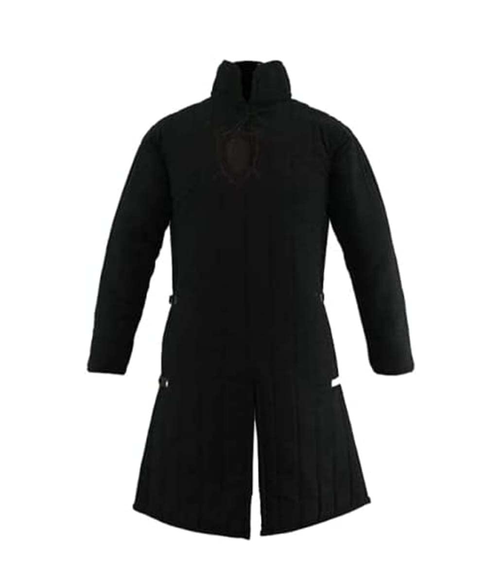 AnNafi® Medieval Thick Padded Gambeson Coat - Full Sleeves Aketon Jacket Armor for LARP & Reenactment - Black Cotton Fabric for Historical Costume & Cosplay