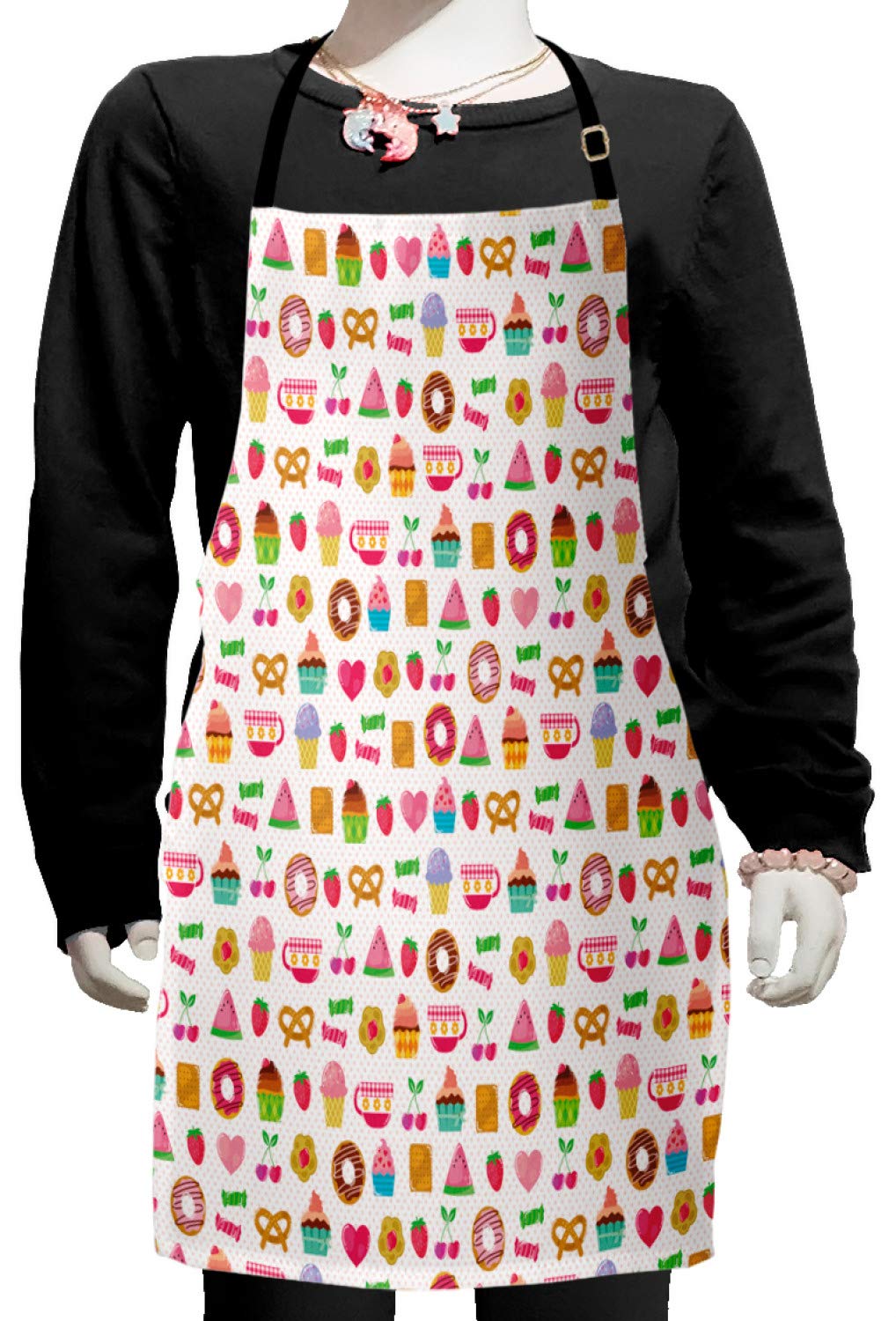 Ambesonne Tea Party Apron - Colorful Sweets, Candies, Cookies & Fruit Print Adjustable Bib Apron for Baking, Painting & Cooking - Perfect for Tea Parties, Kitchen Decor & Gift Giving