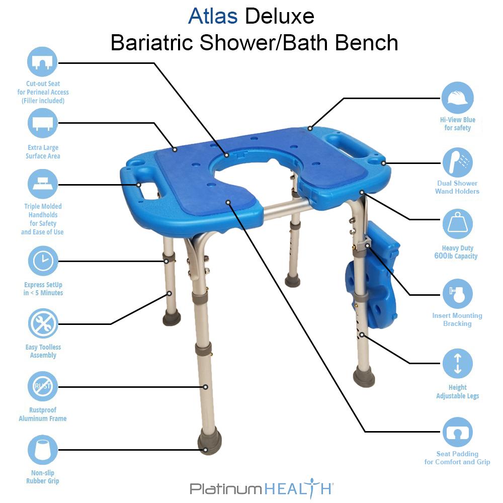 Atlas Deluxe Bariatric Shower Bench - 600lb Weight Capacity, Adjustable Height, Padded Seat with Cutout & Insert - Heavy Duty Bath Stool for Elderly & Disabled - Perfect for Safe Bathing & Showering