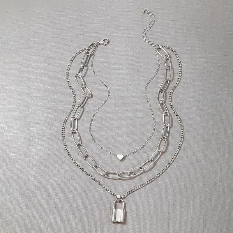 ONLYJUMP Stacked Lock Necklaces for Women - Black Lock Chains Heart Grunge Layered Necklace, Chunky Stylish Minimalist Pendant Jewelry for Casual Wear, Date Night & Gift Giving