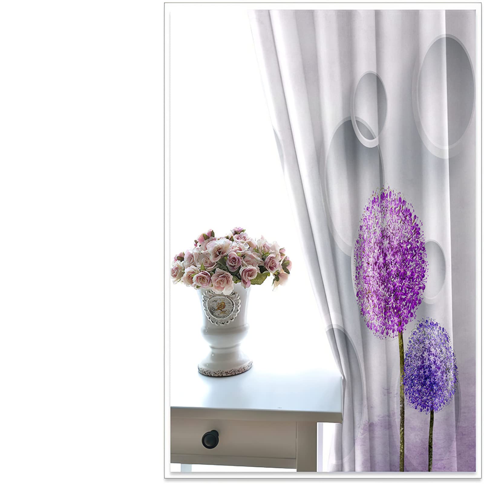 Nordic Geometric Circle Grommet Window Curtains - Purple Dandelion 3D Printed Thermal Insulated Blackout Curtains for Bedroom, Living Room & Kitchen - 2 Panels (63