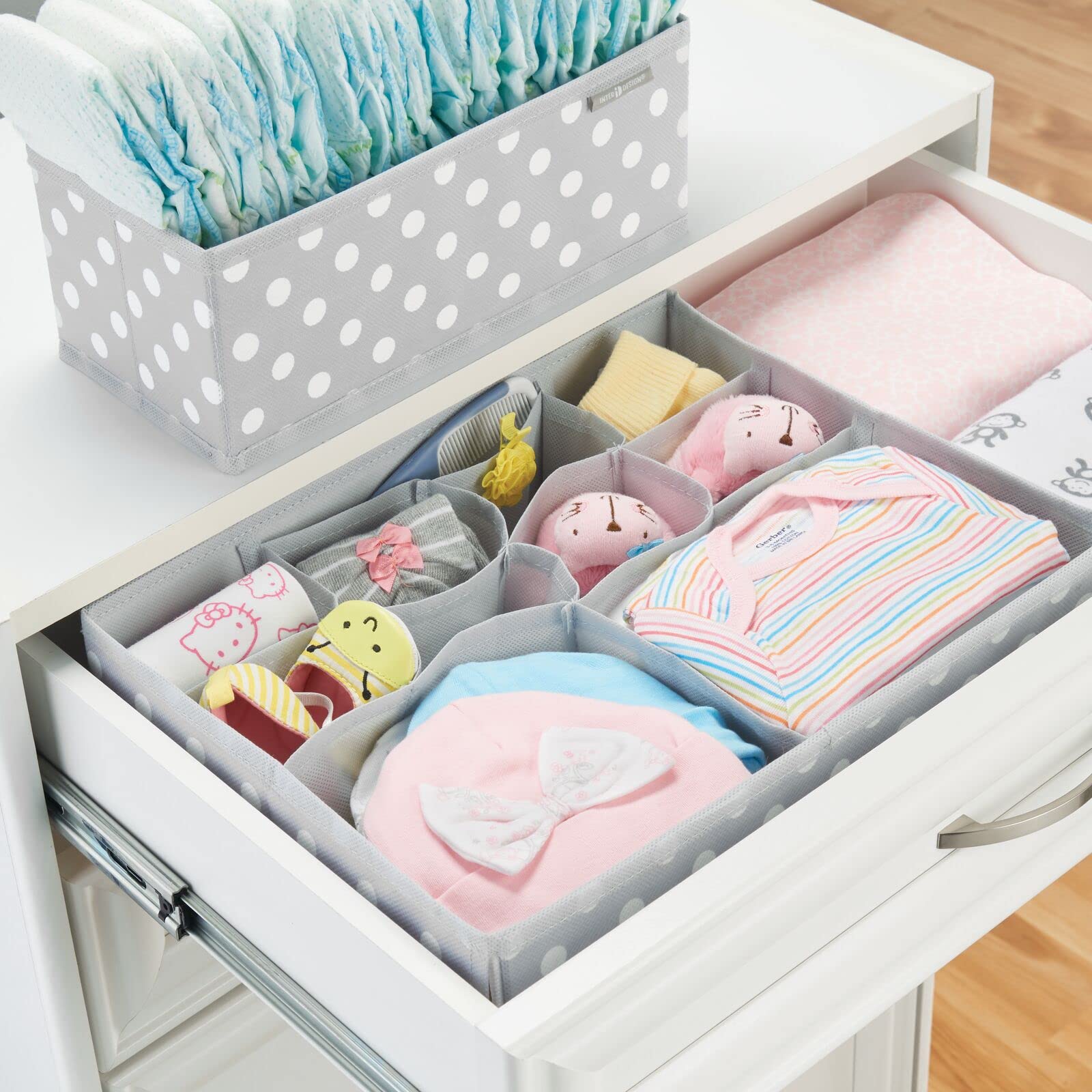 mDesign Fabric Drawer Organizer Bins - Set of 4 or 2 Pack, Gray/White Polka Dot - Perfect for Kids & Baby Nursery Dresser, Closet, Shelf & Playroom Organization - Holds Clothes, Toys, Diapers, Bibs & Blankets - Ideal for Home, Office & Daycare Storage Solutions