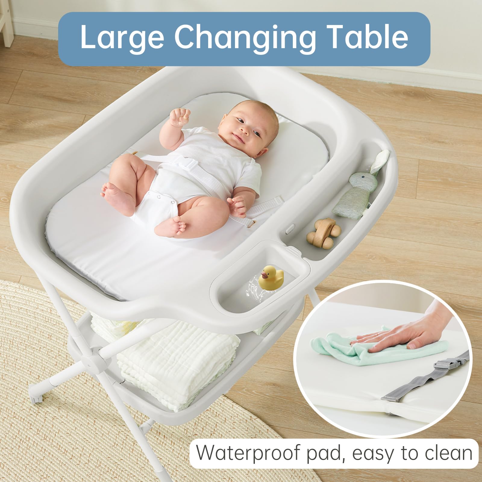 Foldable Adjustable Height Baby Changing Table with Wheels - Includes Changing Pad & Storage Rack - Perfect for Newborns & Infants (Light Grey) | Ideal for Nursery, Bedroom & Daycare Use