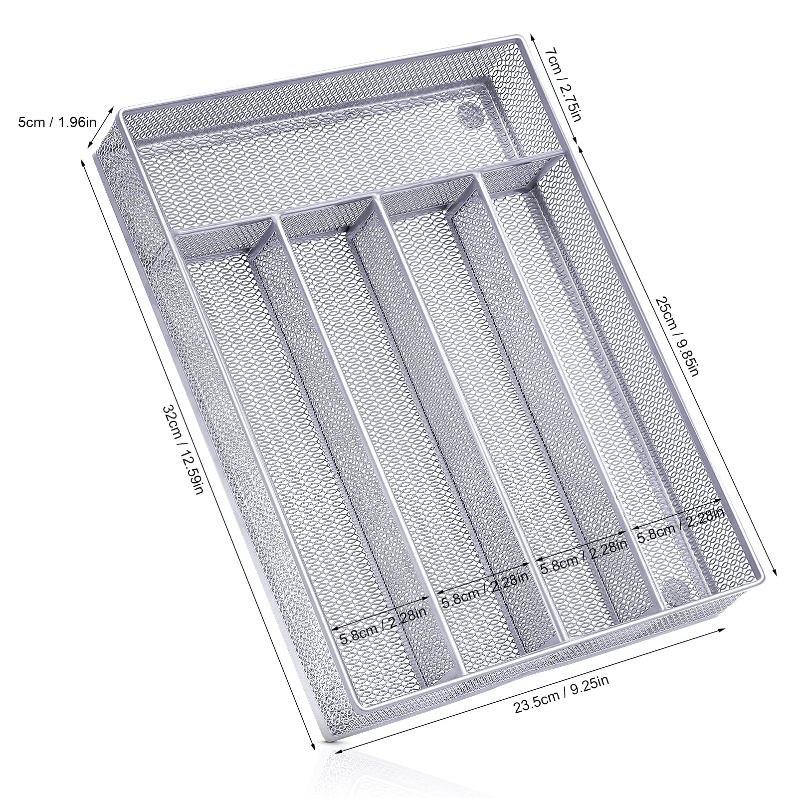WuGeShop 5-Compartment Metal Mesh Desk Drawer Organizer Tray with Non-Slip Mats - Office, Bathroom & Kitchen Storage Solution - Silver | Perfect for Organizing Stationery, Makeup & Utensils