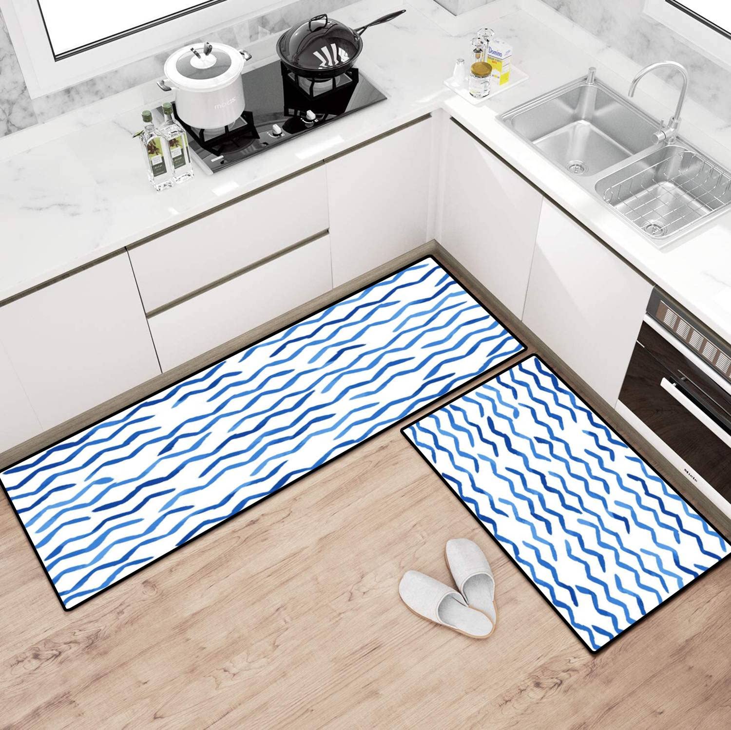 Non-Slip Washable Blue Monochrome Zigzag Kitchen Rugs Set - Seamless Floor Mat, Kitchen Runner, Doormat & Bath Rug - Comfort Standing Mats for Home Decor | Perfect for Kitchens, Bathrooms & Entryways