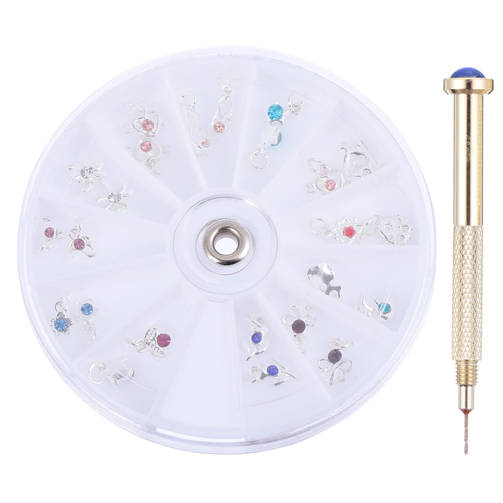 24PCS Rhinestone Nail Art Charms Set with Piercing Tool - DIY Nail Decorations for Acrylic Gels & Tips - Hand Drill for Nail Piercing - Perfect for Salon, Home Manicure & Nail Art Design