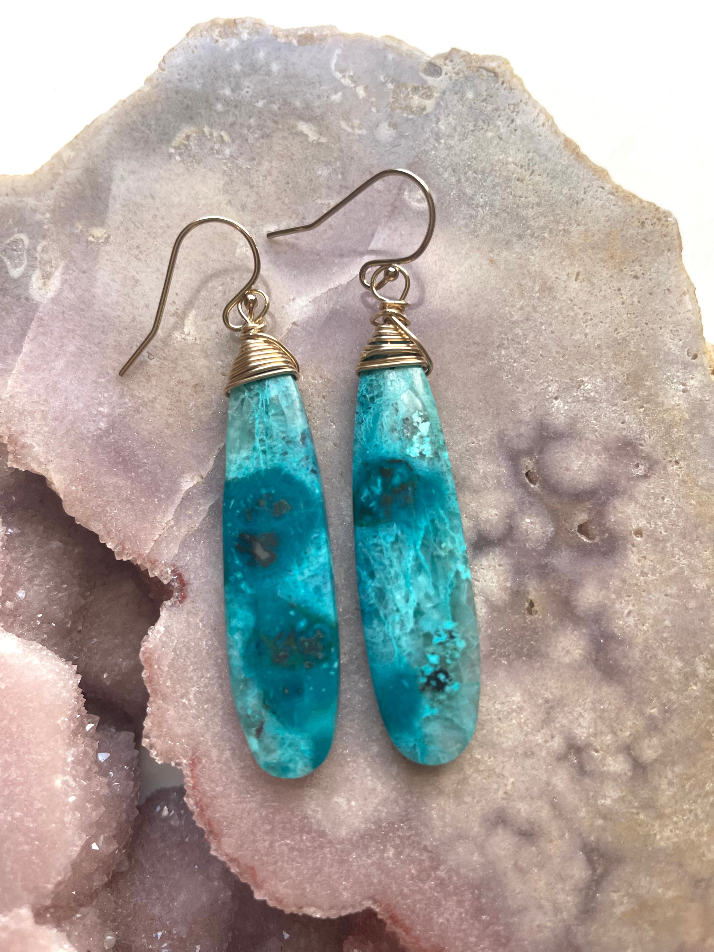 Chrysocolla Gold Filled Statement Crystal Gemstone Earrings for Women | Elegant Dangle Jewelry for Parties, Weddings & Special Occasions