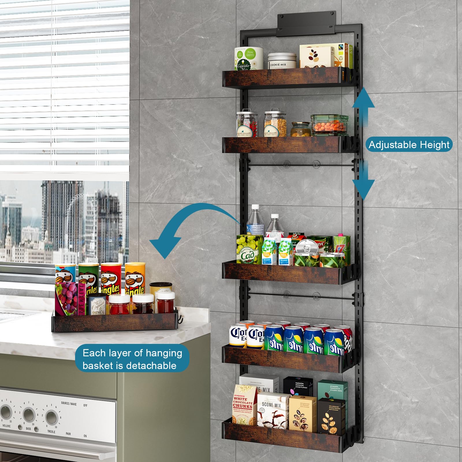 6-Tier Over the Door Pantry Organizer - Adjustable Wooden Basket Kitchen Storage with Heavy-Duty Metal Hooks (17.71
