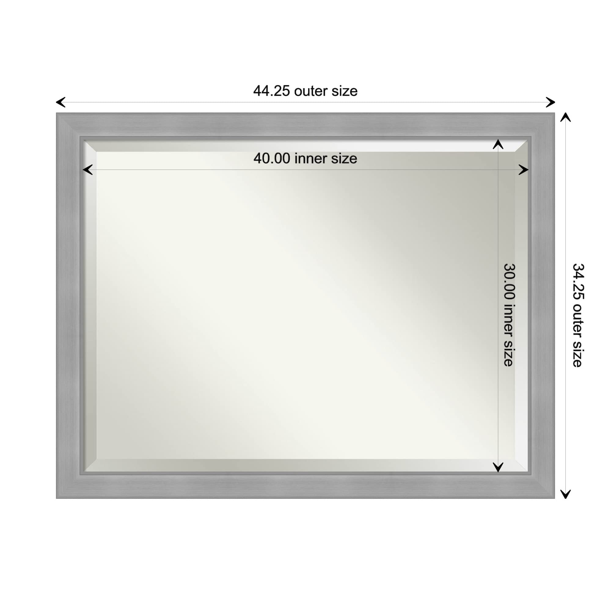 Amanti Art 34x44 Inch Silver Wall Mirror - Brushed Nickel Rectangle Bathroom & Living Room Decor - Large Casual Frame with Beveled Edge - Hangs Horizontally or Vertically - Perfect for Bathroom Vanity, Entryway & Bedroom Decor
