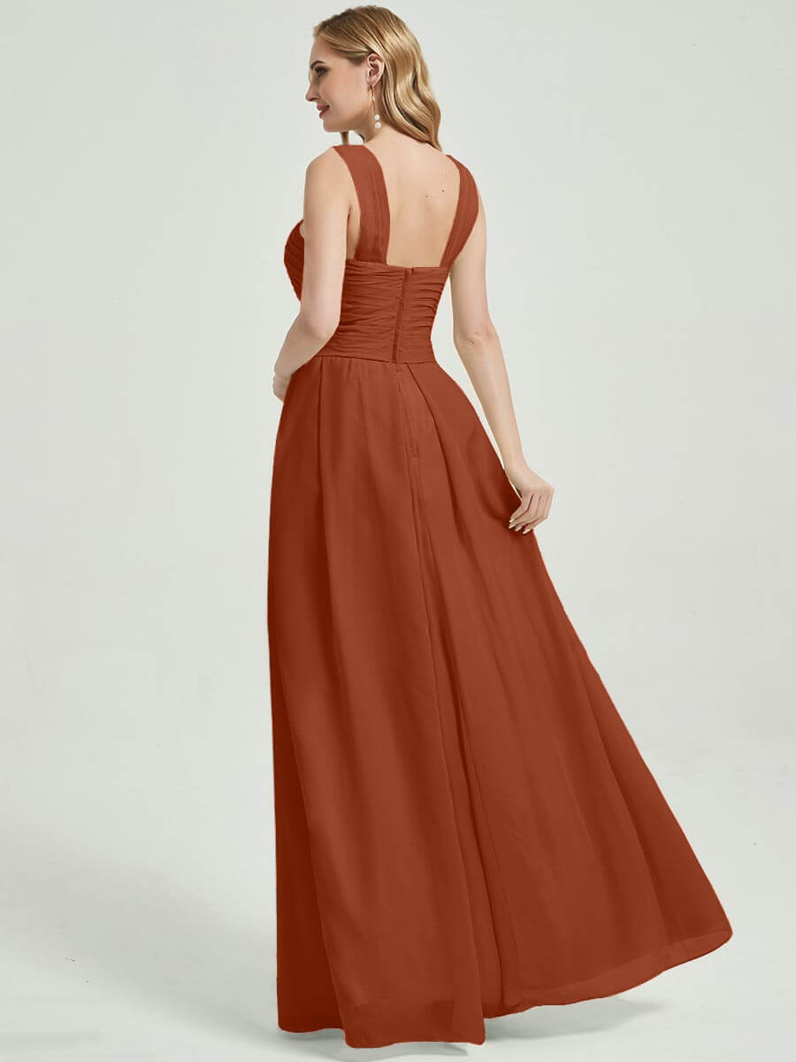 Elegant Burnt Orange Cross Neck A-Line Floor Length Chiffon Bridesmaid Dress for Weddings, Formal Events & Special Occasions