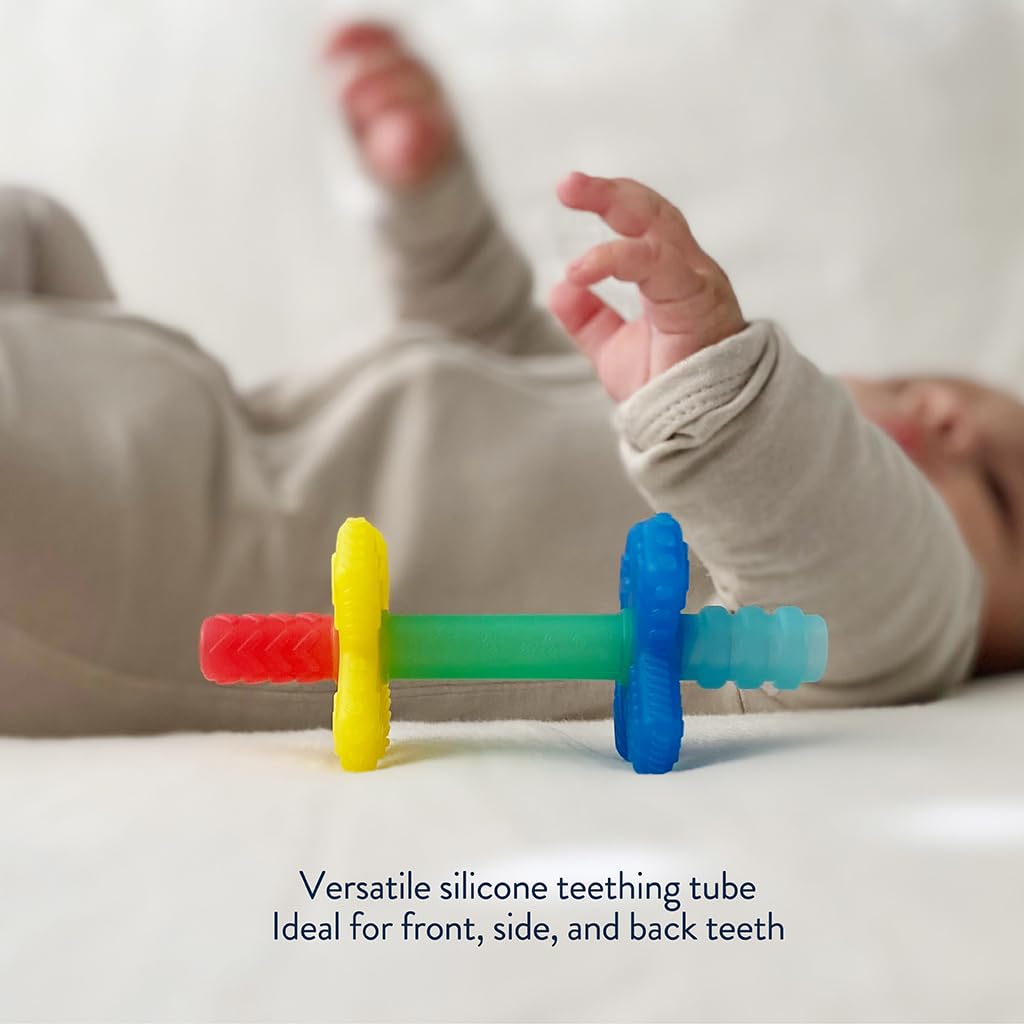 Itzy Ritzy Teensy Tube Teether - Soft Silicone Baby Teething Toy for Front Teeth & Back Molars, Textured Hollow Design (Rainbow) | Perfect for Soothing Sore Gums at Home or On-the-Go