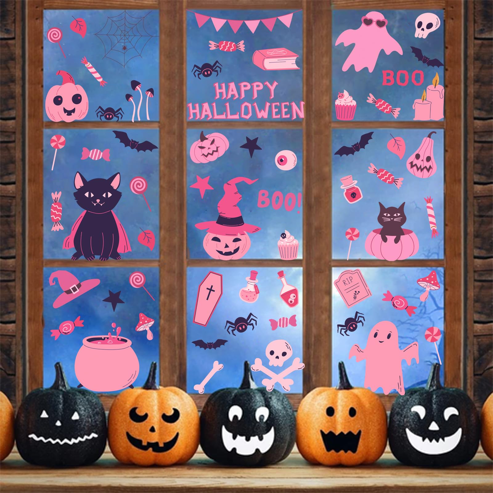 9 Sheets Halloween Window Clings - Pink Pumpkin, Bat, Skull, Boo Cat & Spider Web Ghost Stickers | Double-Sided Glass Decals for Halloween Party & Home Decor | Perfect for Windows, Doors & Mirrors