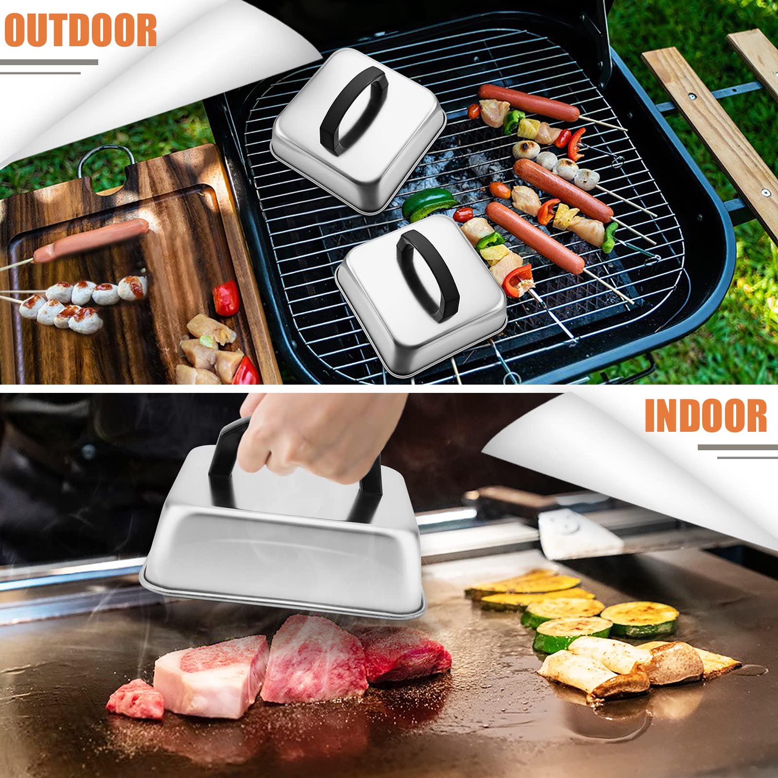 Joyfair Stainless Steel Melting Dome Set of 2 - 6.2 Inch Square Basting Cover for Griddle & Steaming Lid - Heavy Duty, Dishwasher Safe - Perfect for Outdoor BBQ, Flat Top Grill, Teppanyaki & Kitchen Cooking - Ideal for Melting Cheese, Steaming Burgers & Locking in Flavors