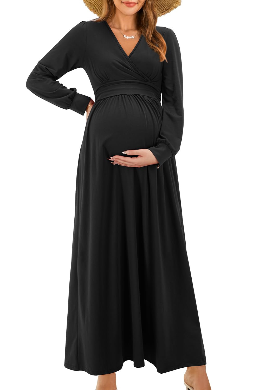 OUGES Maternity Maxi Dress - Long Sleeve Wrap V-Neck Pregnancy Dress for Baby Shower, Photoshoot & Fall Season | Comfortable Maternity Clothes for Special Occasions