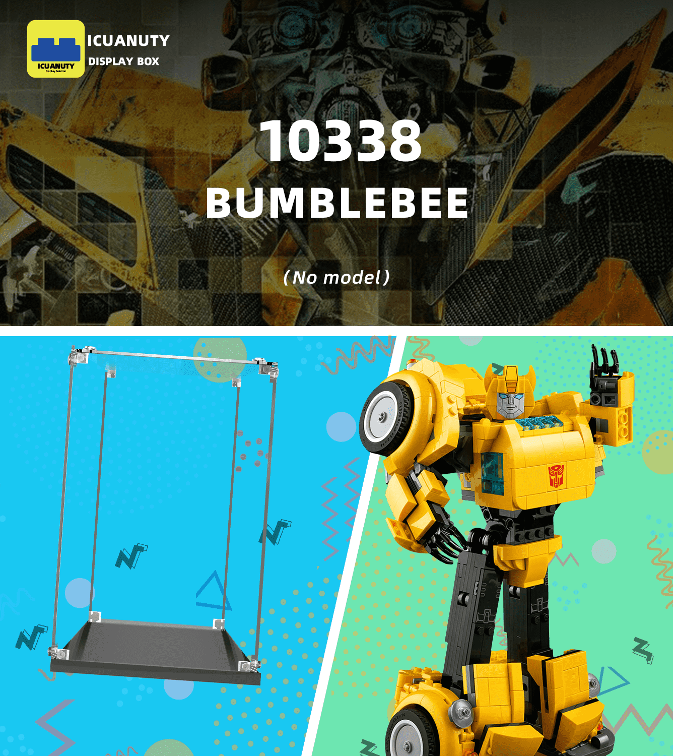 LEGO Icons Bumblebee 10338 Display Case - Clear Acrylic Protection for Collectible Models - Perfect for Showcasing on Shelves, Desks, or in Collections