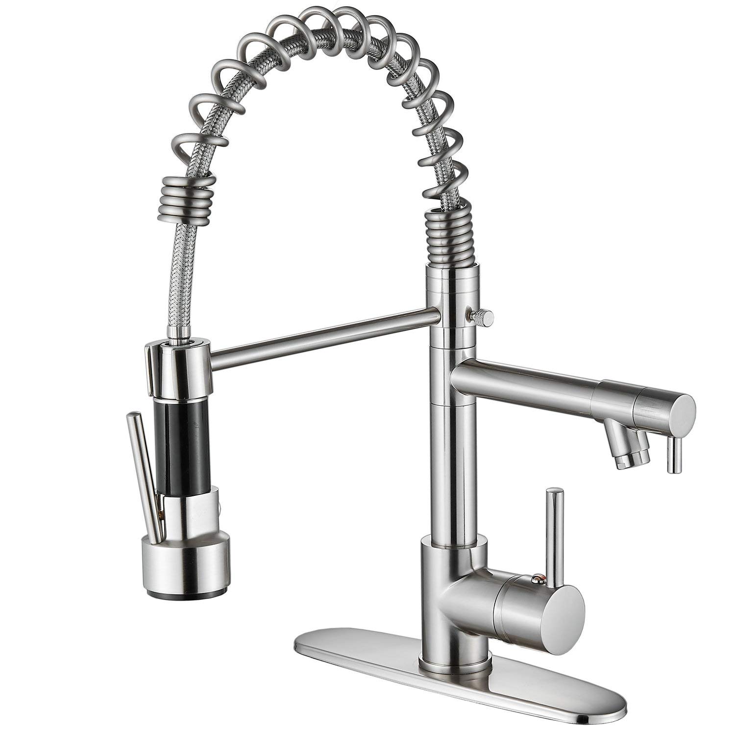 Commercial Single Handle Spring Kitchen Sink Faucet with Pull Down Sprayer - Brushed Nickel Finish (Deck Plate Included) - Ideal for Restaurant, Home Kitchen & Commercial Use
