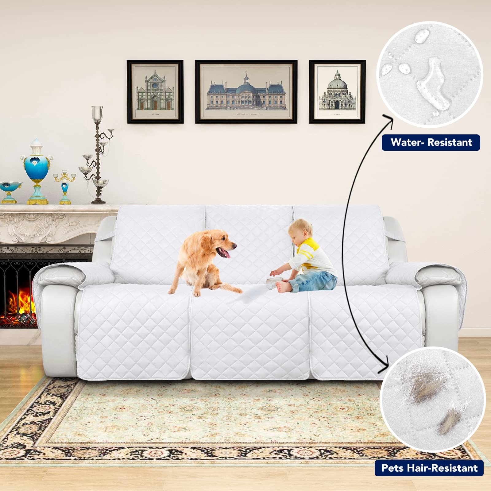 PureFit Waterproof Reversible 3-Seater Recliner Sofa Cover - Non-Slip Split Design for Reclining Couches, Washable Furniture Protector for Pets & Kids (White/White) | Perfect for Living Rooms, Family Gatherings & Pet-Friendly Homes