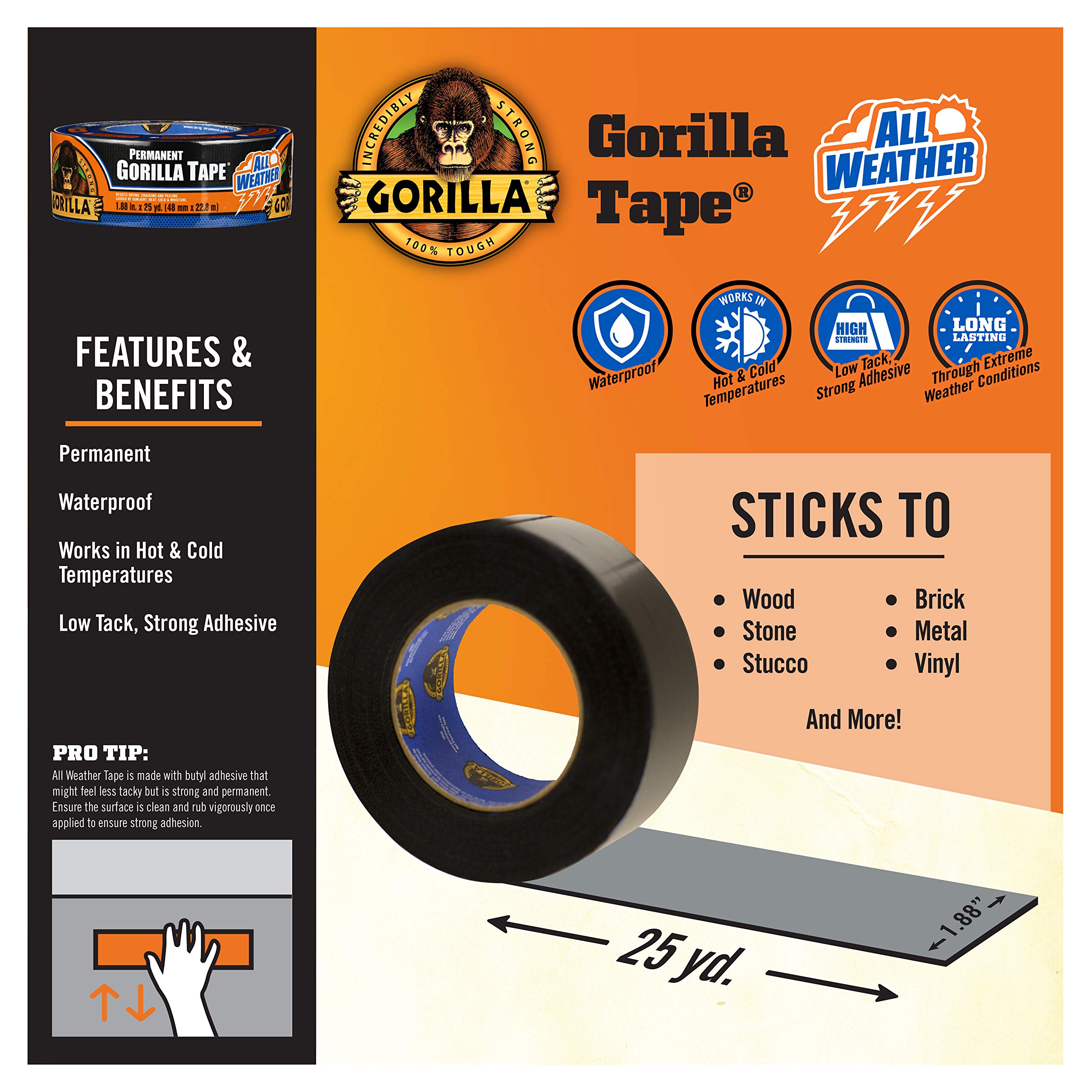 Gorilla Permanent All Weather Tape - Heavy Duty Waterproof Duct Tape for Indoor & Outdoor Use - 1.88 in x 25 yd Strong Adhesive Utility Tape (Black, Pack of 1) - Ideal for Home Repairs, Camping Gear Fixes & Emergency Situations