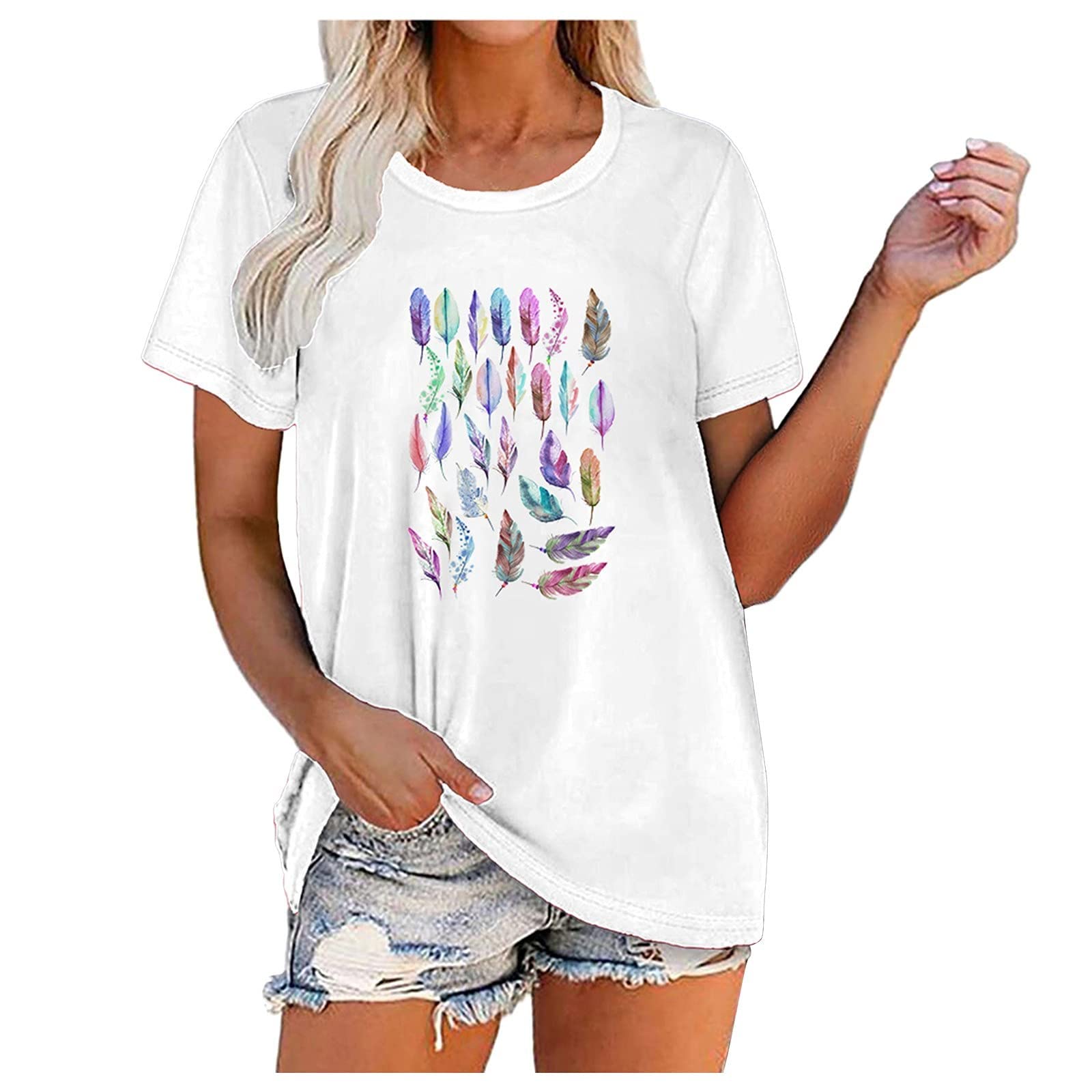 Women's Summer Feather Print Short Sleeve T-Shirt - Loose Fit Casual Graphic Top for Juniors | Perfect for Beach Outings, Music Festivals & Everyday Wear