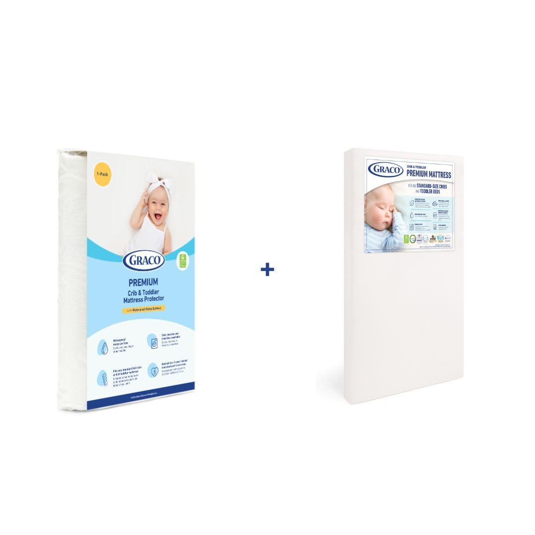 Graco Premium Crib Mattress & Waterproof Protector Set (2-Pack) - GREENGUARD Gold Certified Baby Crib Mattress & Toddler Mattress with Waterproof Cover - Fits Standard Cribs - Perfect for Nursery, Daycare & Travel Use