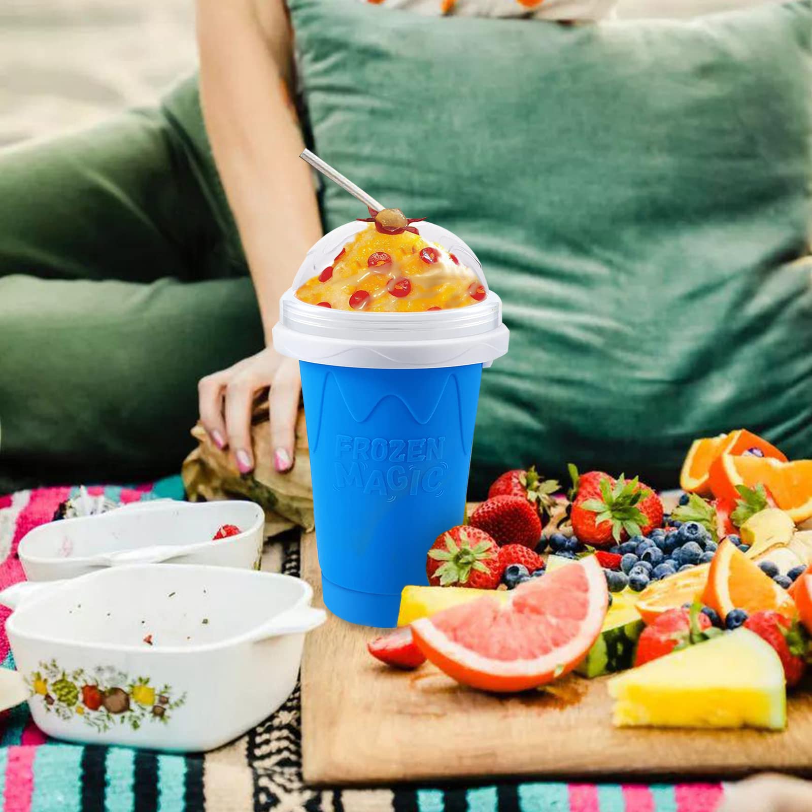 QwayHome 2PC Slushie Maker Cup - DIY Frozen Magic Slushy Cup with Double Layer Silica Gel, Quick Cooling Smoothie & Ice Cream Maker for Homemade Milk Shakes (Blue+Green) - Perfect for Summer Parties, Kids Treats & Backyard BBQs