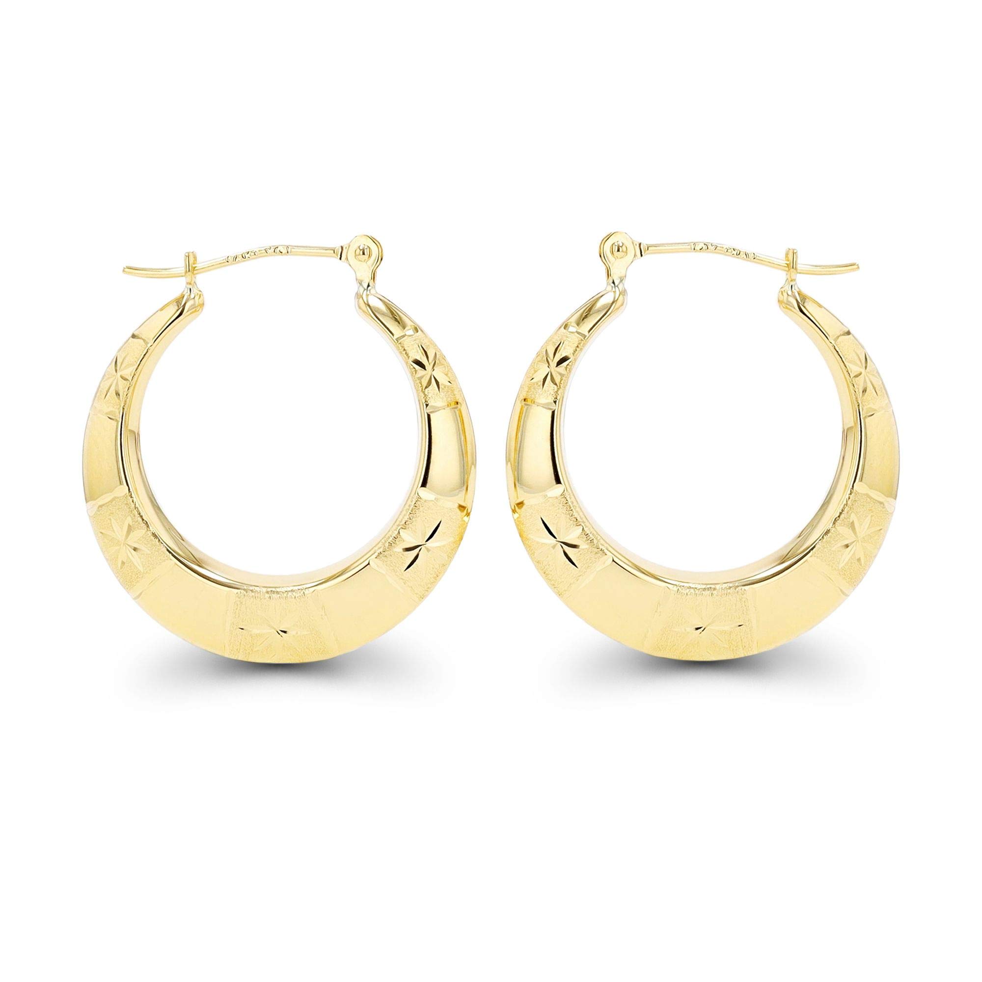 14K Solid Gold Diamond Cut Star Hoop Earrings for Women - Polished & Matte Finish | 3.60x23mm Hypoallergenic Hoops | Sensitive Ears Safe | Perfect for Everyday Wear, Parties & Special Occasions