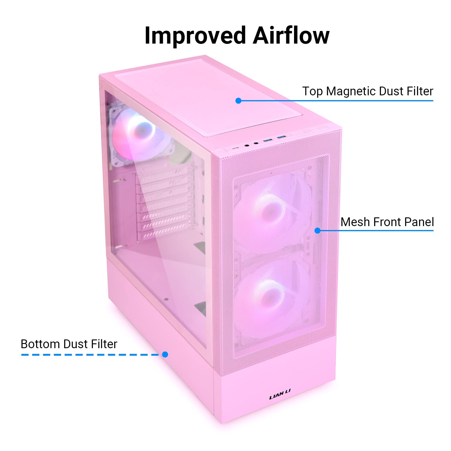LIAN LI LANCOOL 205 MESH C Pink ATX Mid-Tower PC Case - High Airflow Mesh Front Panel, 3 Pre-Installed ARGB PWM Fans, USB Type-C, Tempered Glass Side Panel - Perfect for RGB Gaming PC Builds & High-Performance Cooling Systems