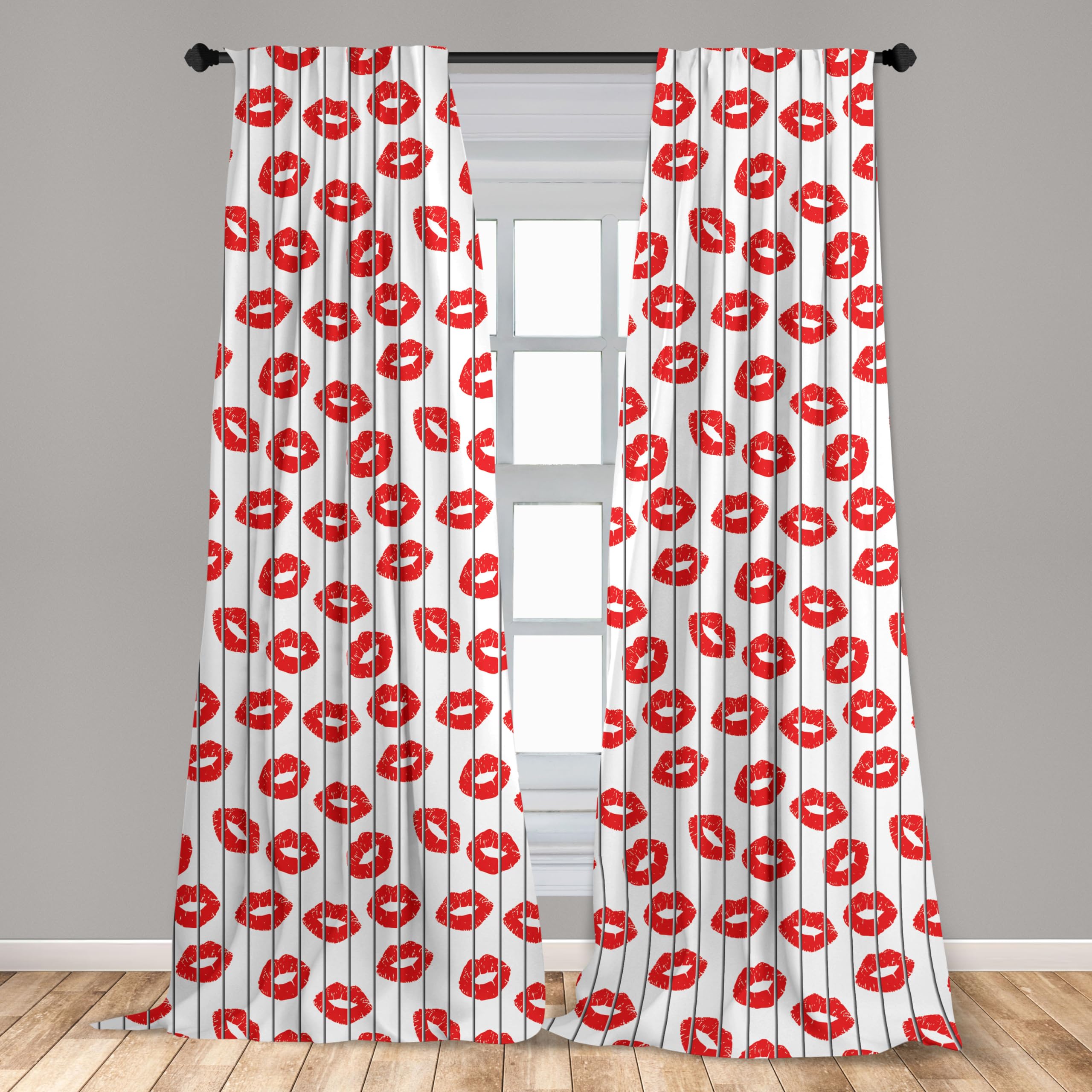 Ambesonne Glamour Window Curtains - Set of 2 Romantic Lips Print Panels with Rod Pocket, 56x95 Inches, Scarlet & White - Perfect for Valentine's Day Decor, Bedroom & Living Room Drapes