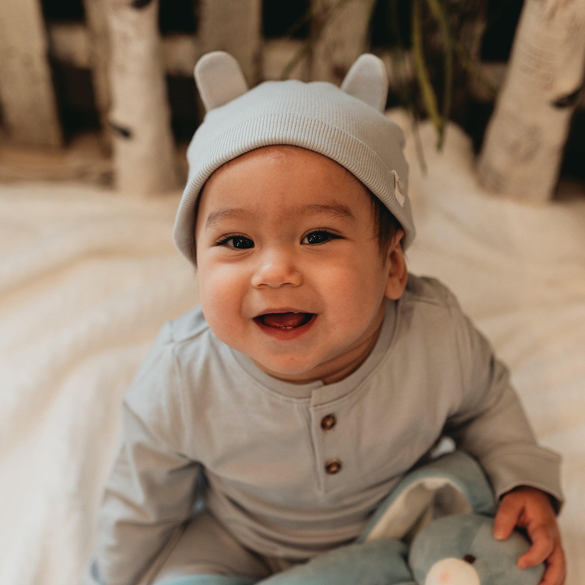 Organic Bunny Ears Cap - Pearl Blue Cotton Beanie for Women & Girls - Cute Easter Costume Accessory for Spring Photoshoots & Holiday Parties