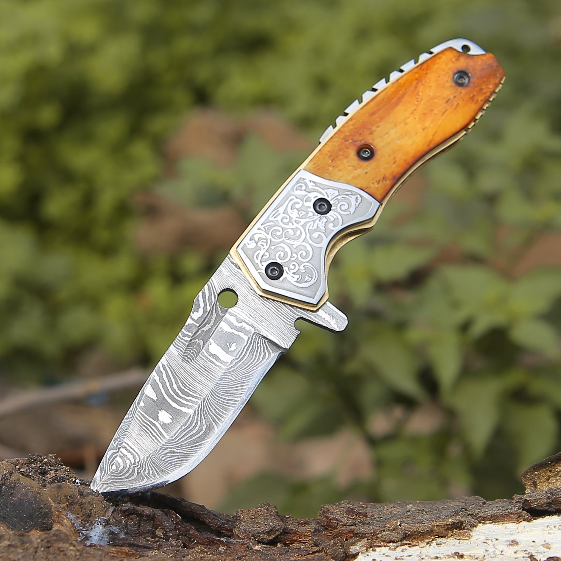Premium Damascus Steel Pocket Knife with Charred Bone Handle - Tactical EDC, Outdoor Survival, Camping & Hunting Gear