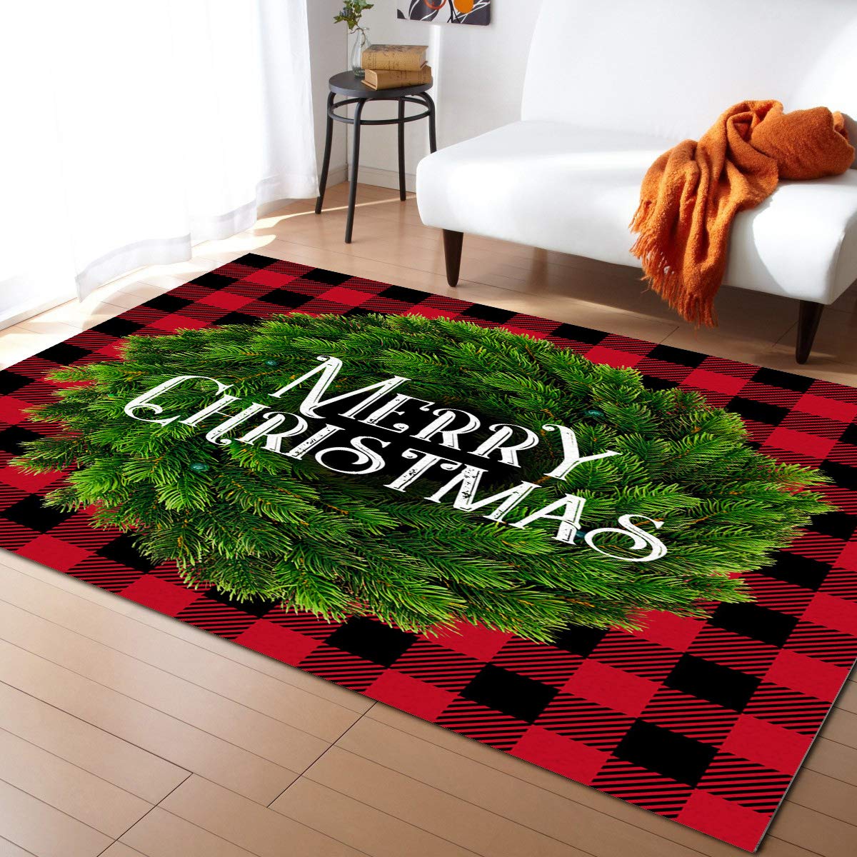 Edwiinsa 5x8 Feet Large Rectangle Area Rug - Merry Christmas Green Wreath Design, Non-Woven Cushioned Plush Carpet for Living Room, Bedroom, Office - Red & Black Checkered Pattern - Perfect for Holiday Decor & Home Comfort