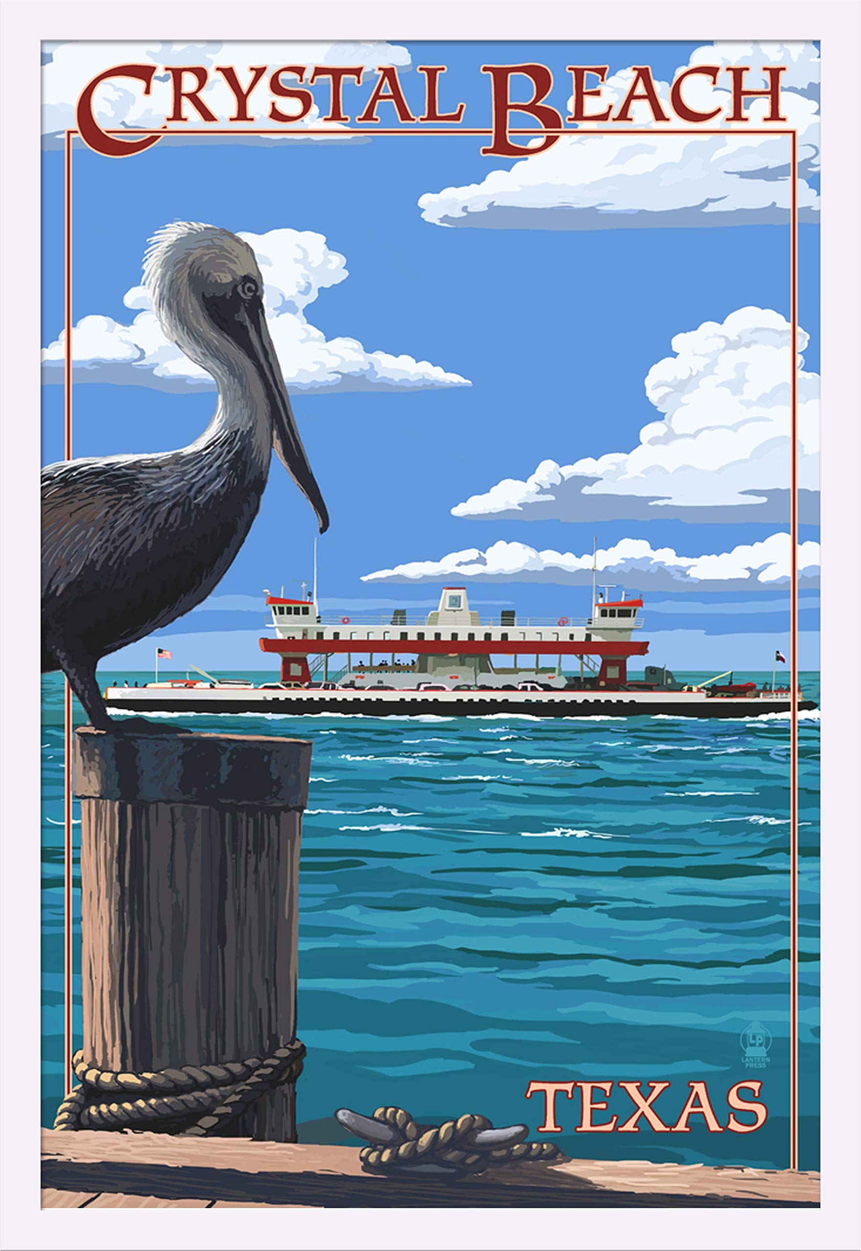 Crystal Beach Texas Pelican and Ferry 54024 - 24x36 Giclee Art Print with White Wood Gallery Frame - Coastal Wall Decor for Living Room, Beach House or Office