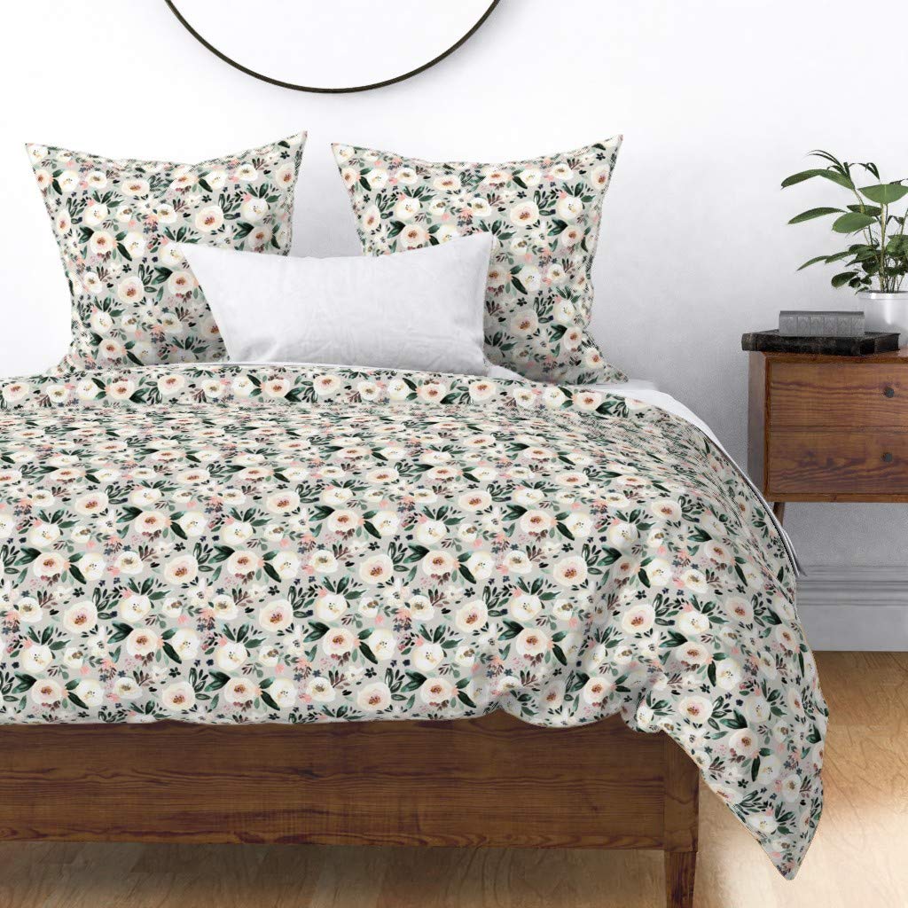 Premium Spoonflower Cotton Sateen Duvet Cover - Twin Size Light Gray Floral Print with White, Blush, Blue & Green Vintage-Inspired Design | Custom Bedding for Nursery, Guest Room & Cozy Bedroom Decor