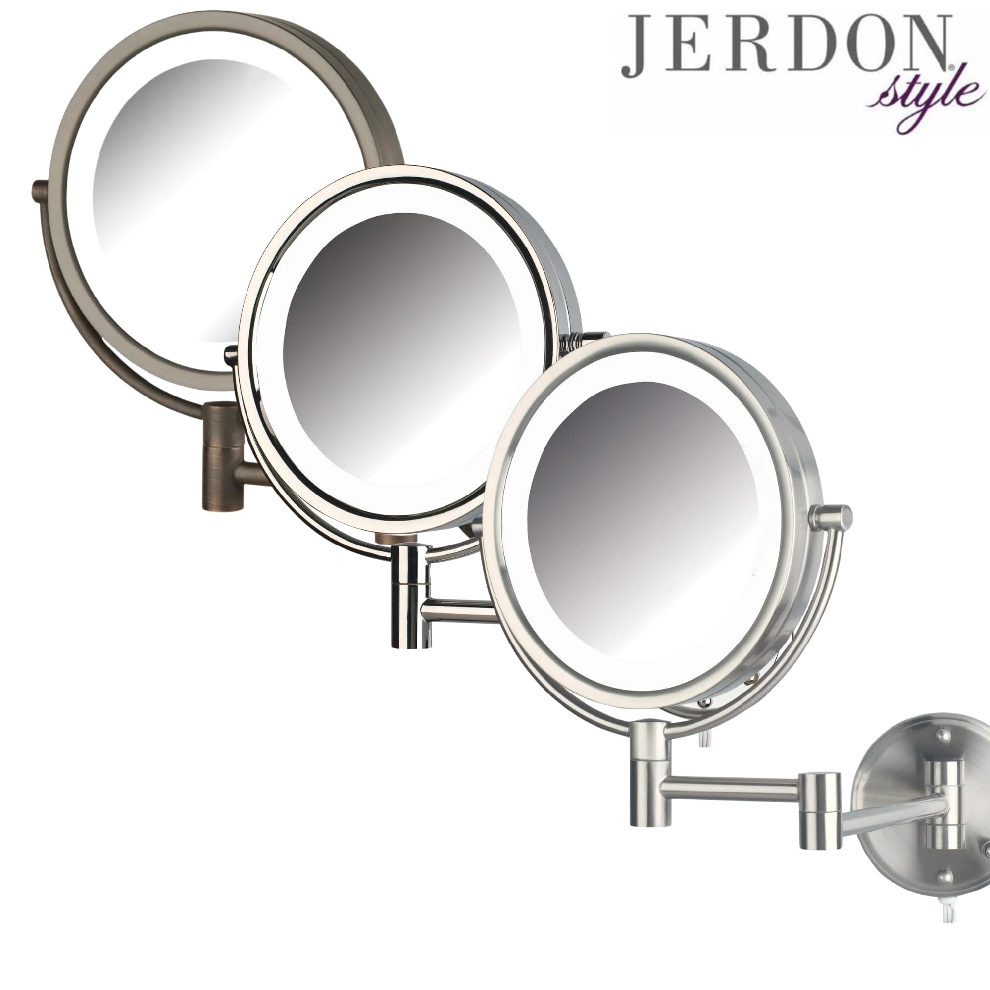 JERDON Wall-Mounted LED Makeup Mirror with 8X Magnification - Chrome Vanity Mirror with Adjustable Lights for Perfect Makeup Application - Ideal for Bathroom, Bedroom & Dressing Room