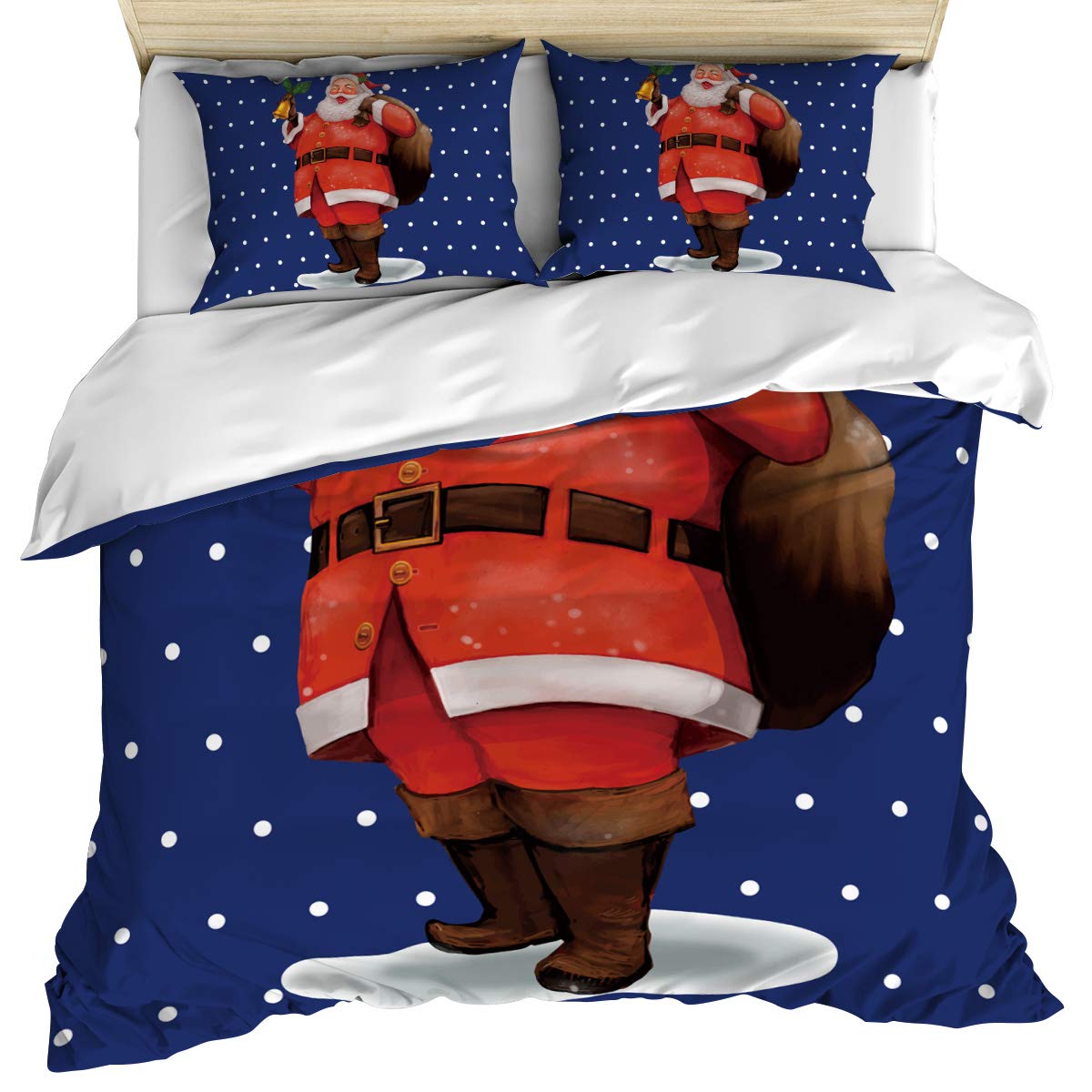 Luxury Full Size Duvet Cover Set - Christmas Santa Claus Cartoon Design with Polka Dots in White & Blue | 3-Piece Cotton Bedding Set (Duvet Cover + 2 Pillow Shams) | Soft, Cozy & Machine Washable | Perfect for Holiday Decor, Guest Bedrooms & Winter Home Styling