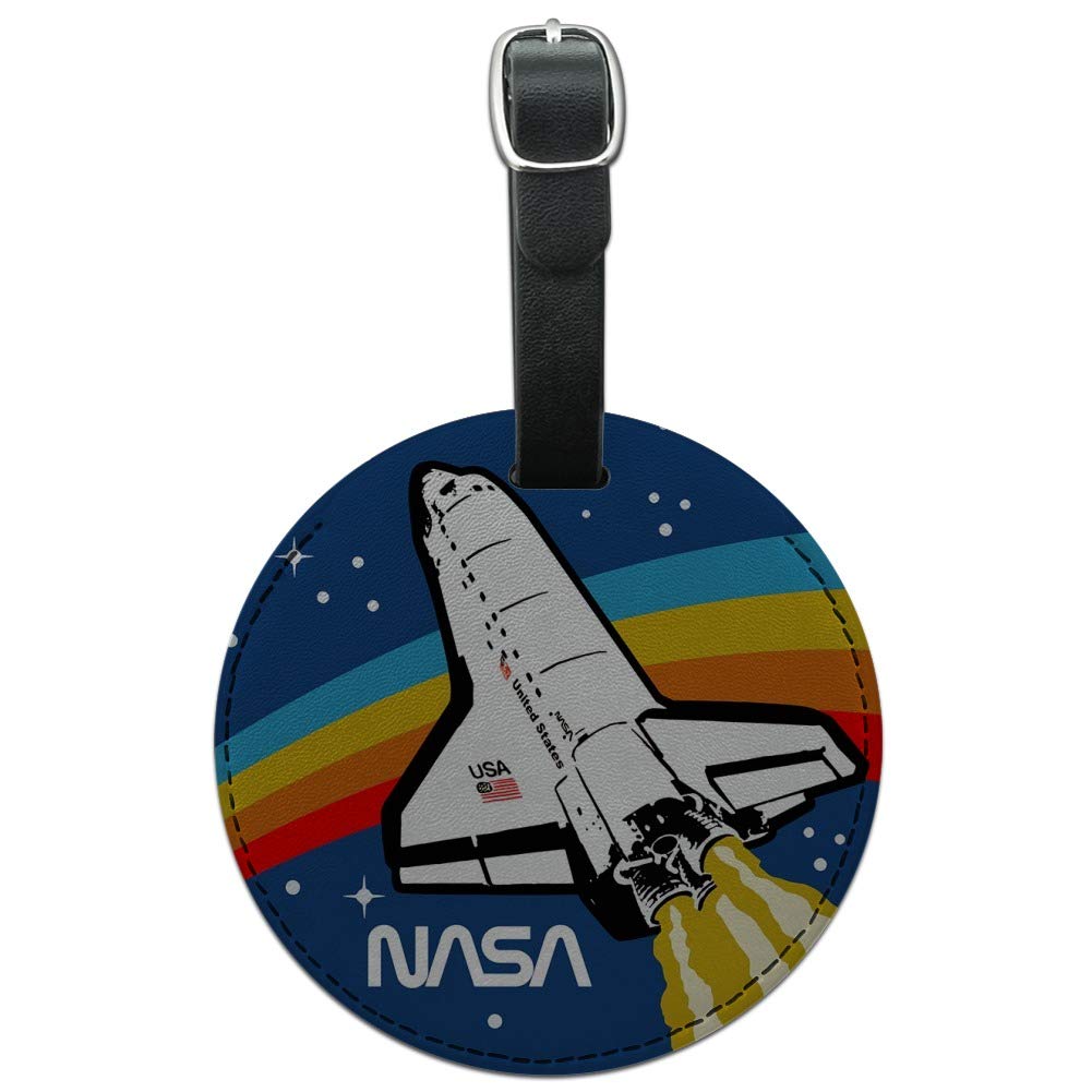 NASA Logo Space Shuttle Round Leather Luggage Tag - Durable ID Card Holder for Travel Bags, Suitcases & Backpacks - Perfect for Airports, Business Trips & Vacation Identification
