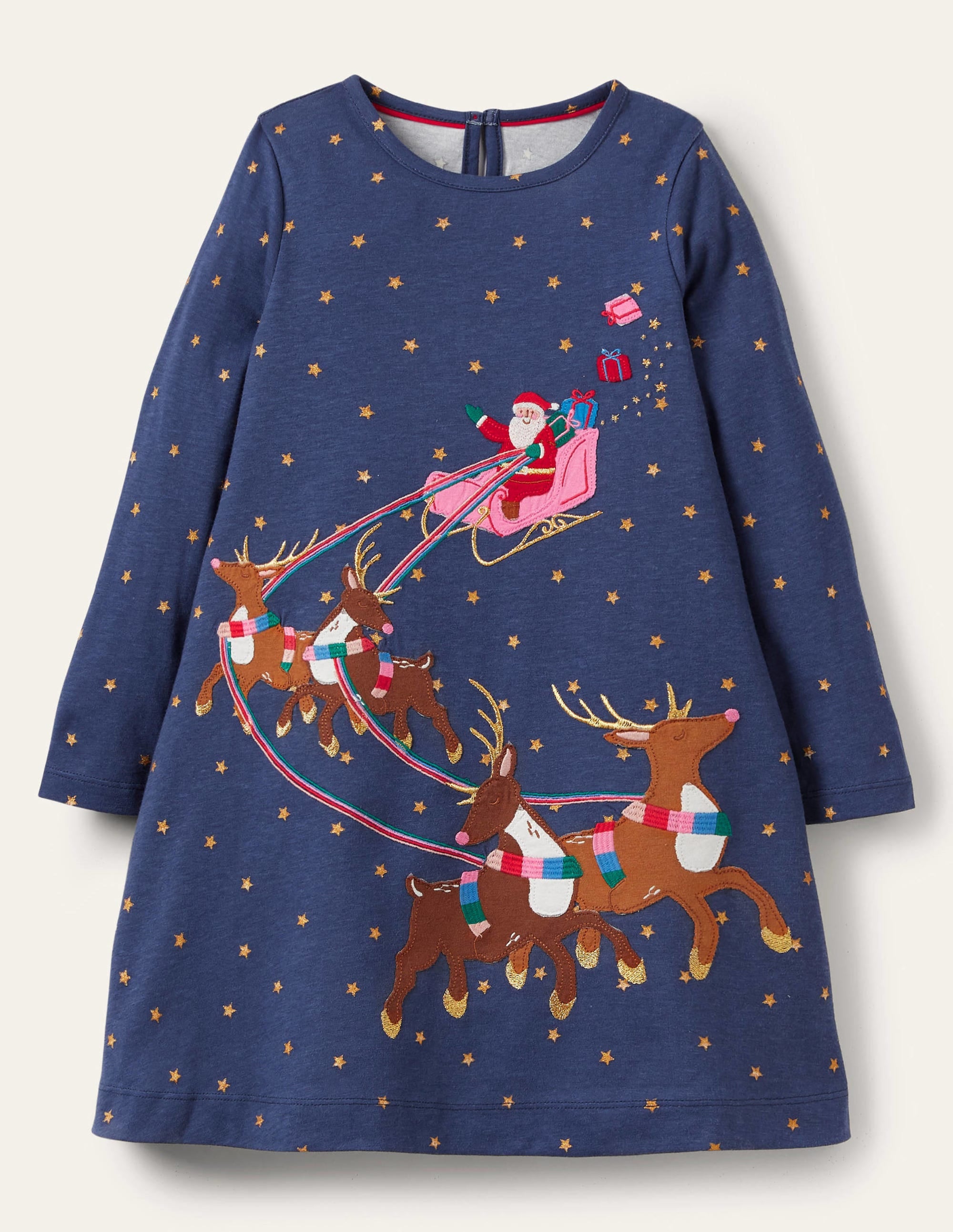 Christmas Appliqué Jersey Dress for Women - Navy Blue Santa Claus Design - Perfect for Holiday Parties & Festive Gatherings