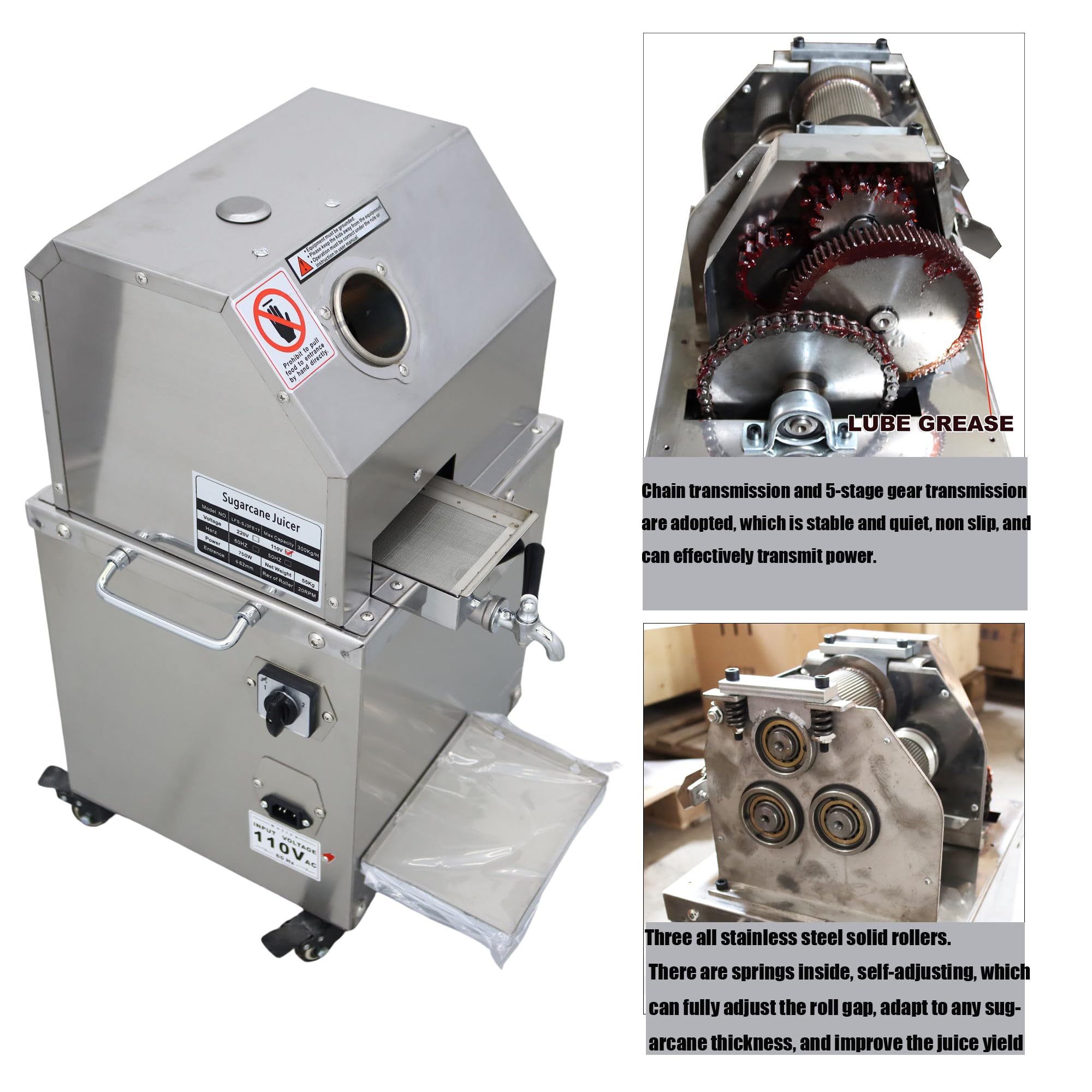 110V 750W Commercial Electric Sugar Cane Juicer Machine - 3 Roller Stainless Steel Sugarcane Press Extractor with Cleaning Port & 4 Casters - Perfect for Juice Bars, Restaurants, and Home Use